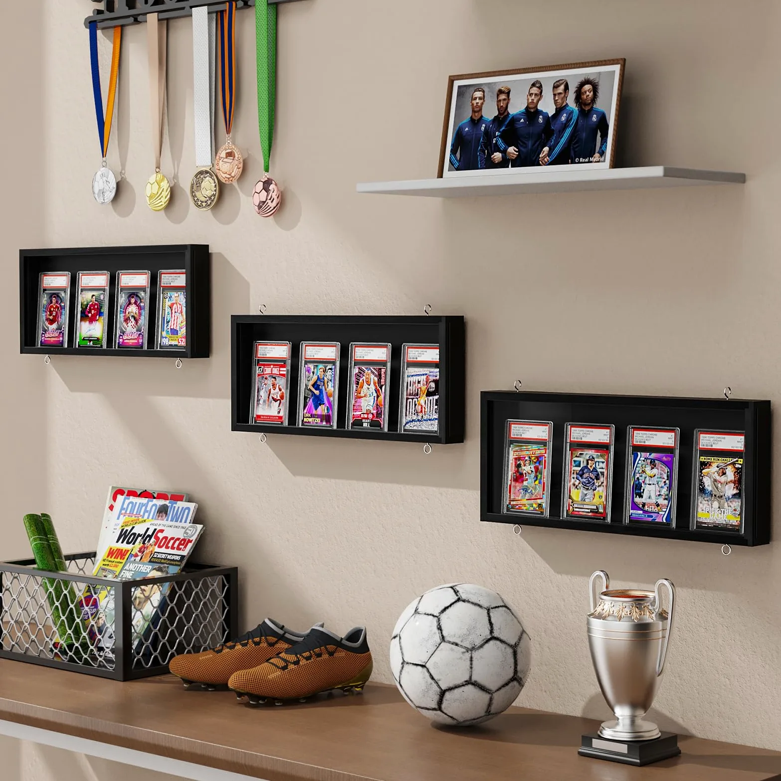 3 Pezzi Espositore a Parete di Carte, Legno Piani Espositore di Carta per Collezione di Baseball Sport, Cornice di Visualizzazione HD