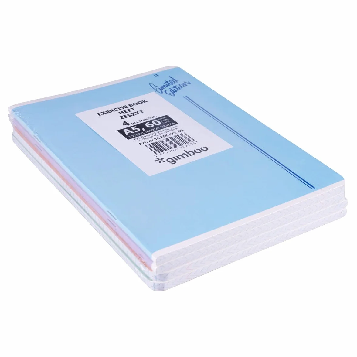 Quaderno scolastico A5 60/60 fogli a quadretti misto confezione 4 pezzi motivi assortiti bordo biglietti bianchi blu