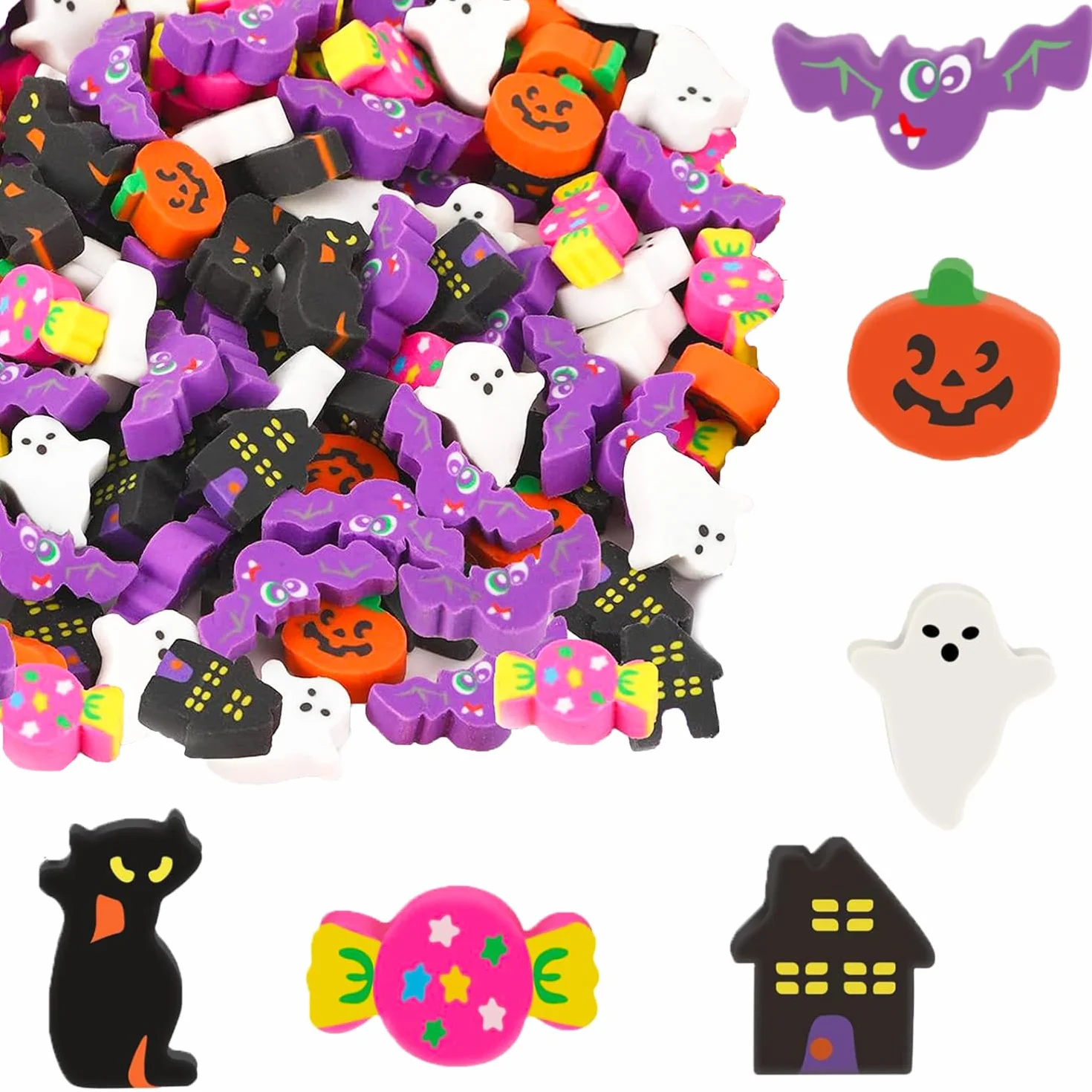Mini gomme da cancellare di Halloween per bambini, a forma di zucca, dolcetto o scherzetto per feste di Halloween, mini premi decorativi per la scuola, 100 pezzi