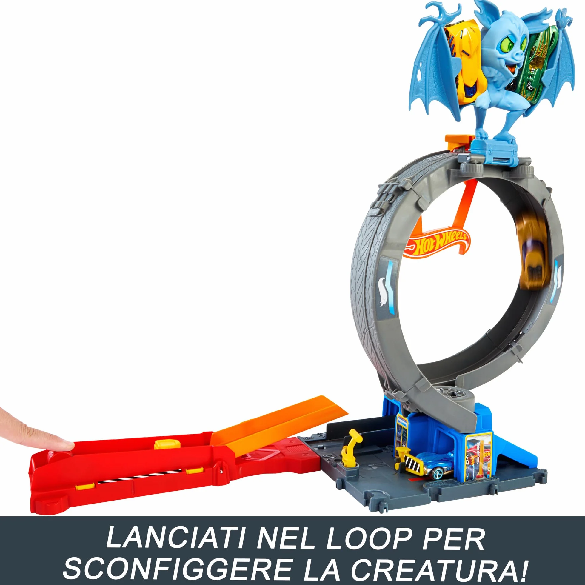 Hot Wheels City 'Let's Race' Netflix - Loop Attacco del Pipistrello, pista con loop e lanciatore regolabile per sconfiggere il pipistrello, una macchinina Hot Wheels inclusa, 4+ anni, HTN78