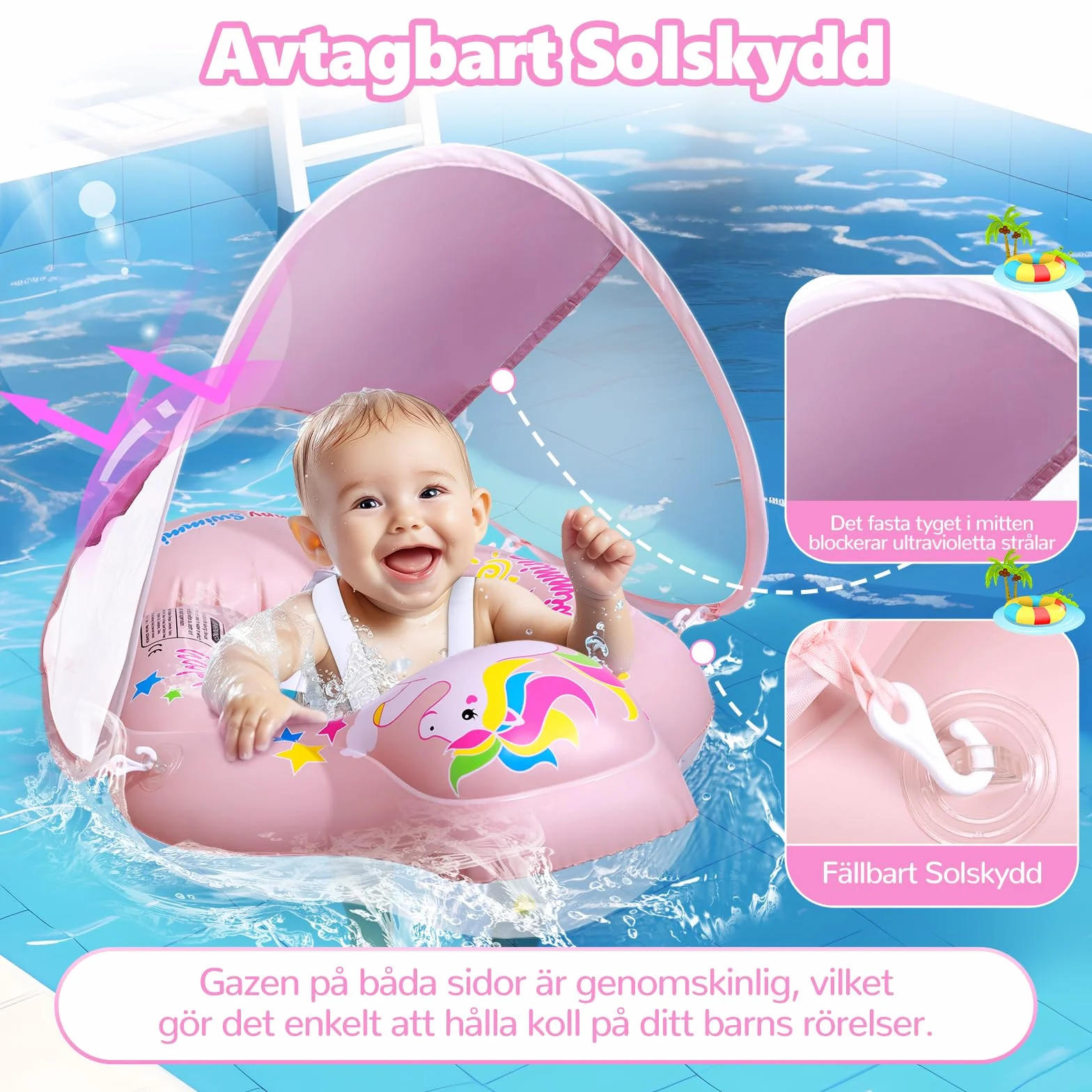 Salvagente Neonato con Parasole, Piscina Neonato 6-36 Mesi Salvagente con Mutandina Rimovibile Caratteristiche Antiribaltamento Baby Pool Float UPF50+ Protezione UV
