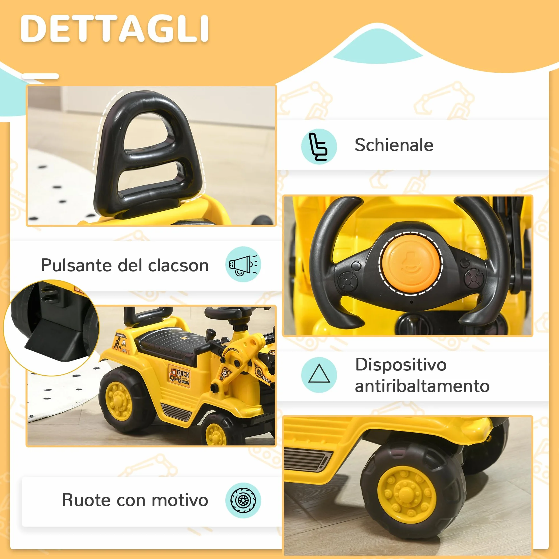 HOMCOM Escavatore per Bambini con Benna, PP e ABS, 80x26.5x39 cm, Giallo e Nero
