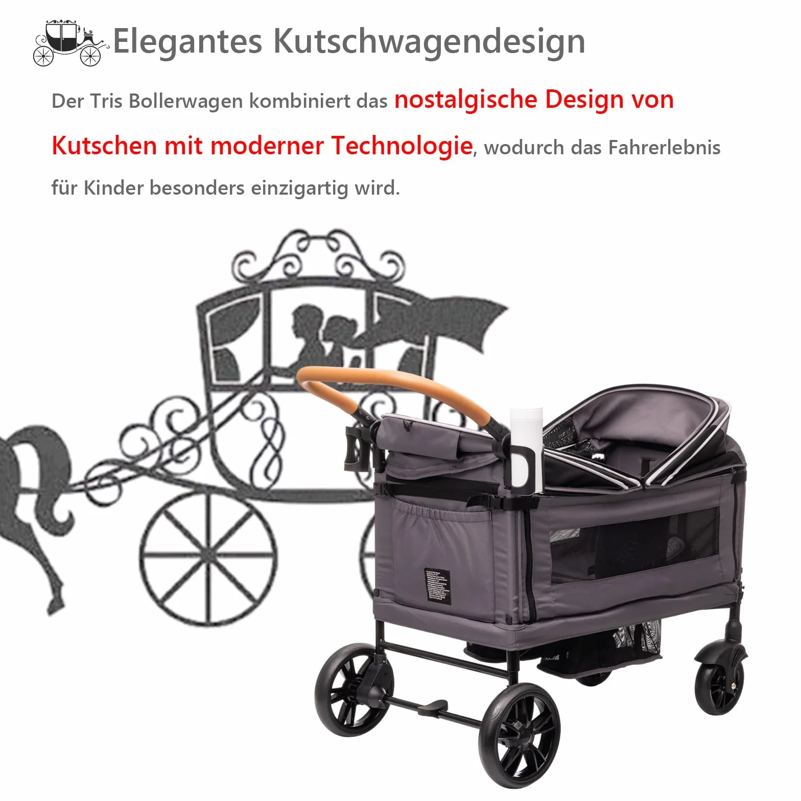 vickey Carrello pieghevole con tetto per 2 bambini, carrello cargo, pieghevole, con manico scorrevole, Duo, resistente agli urti, ruote in poliuretano con freni, portabevande, 100 l, colore: grigio