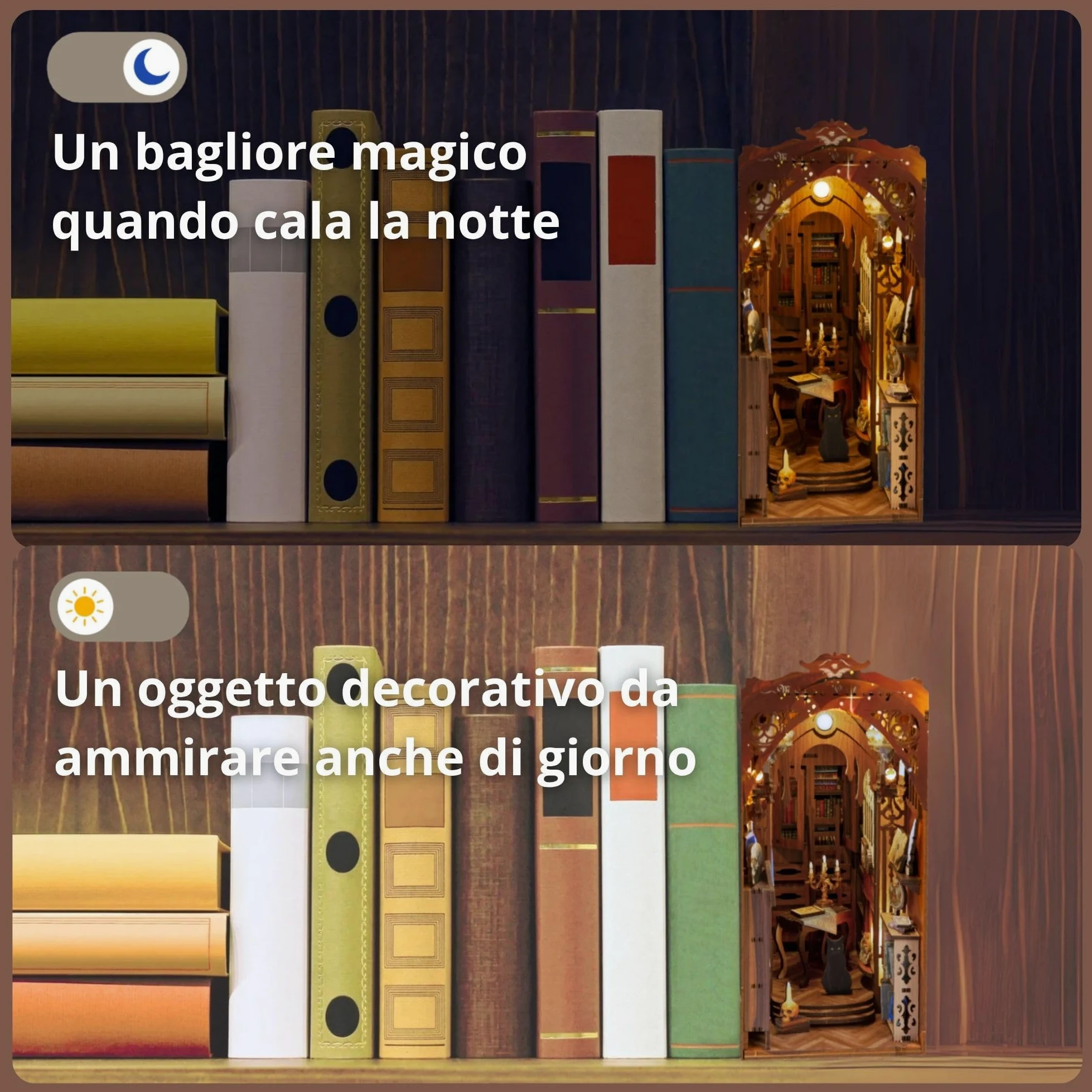 Book nook angolo fai da te casa delle bambole, casa in miniatura per adulti puzzle in legno 3D e fermalibri set creativo per la decorazione della libreria con LED regalo Libreria magica