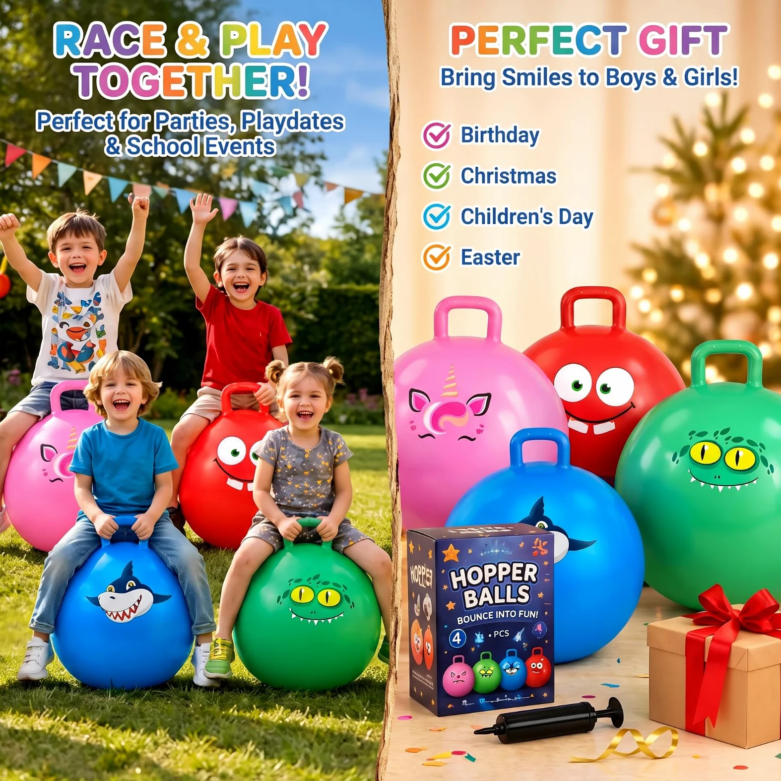 Sinmoe 4 Pallone per Saltare per Bambini dai 3 agli 8 Anni Diametro 50 cm | Pallone da Salto, con Pompa, Viluppa Equilibrio e Capacitá Motorie, Robusta, Resistente, per Estate, Parco o Asilo