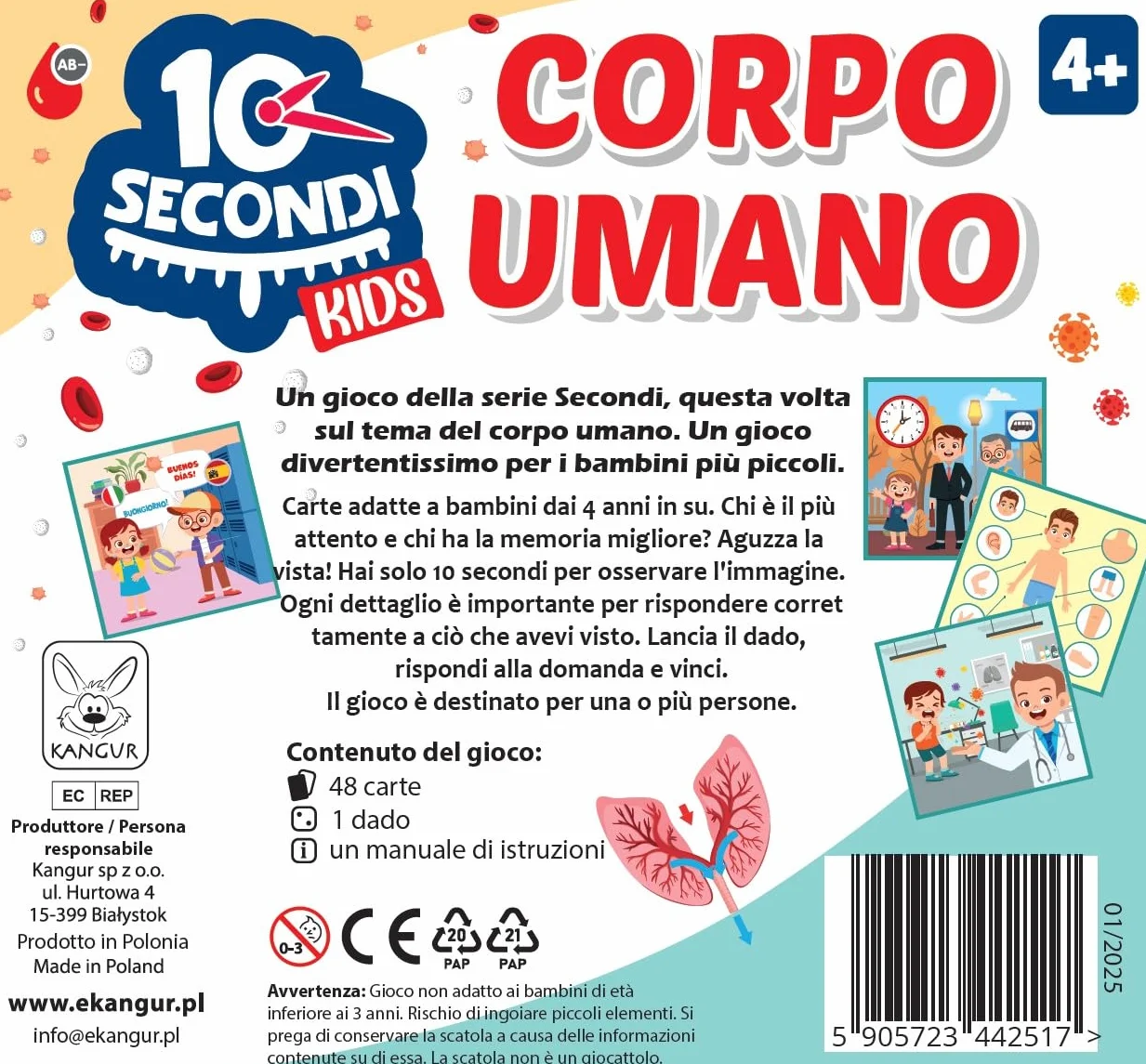 KANGUR 10 Secondi Kids Corpo Umano Gioco Educativo per Bambini 4+ con 48 Carte Sviluppa Memoria Concentrazione Osservazione Anatomia Umana