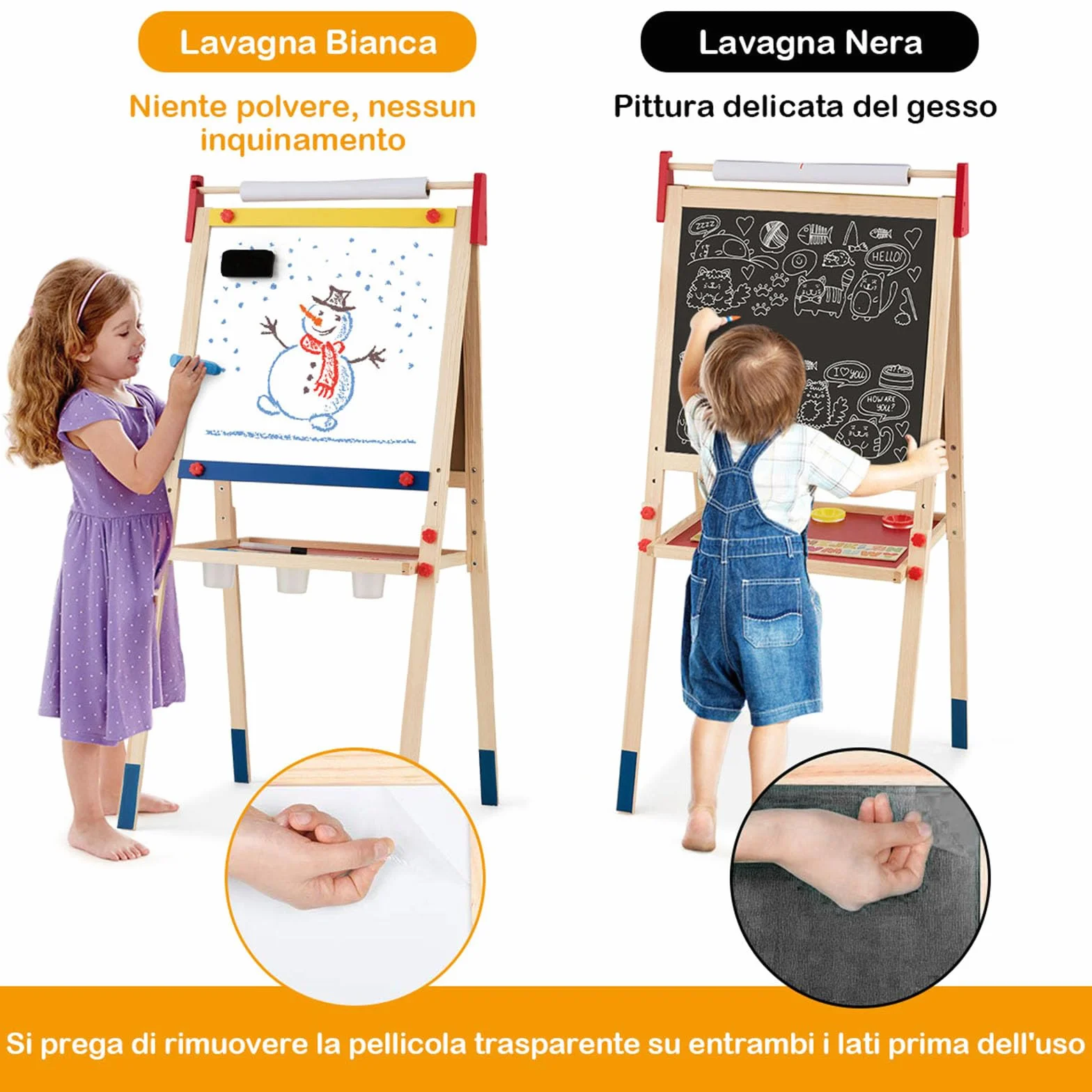 COSTWAY Cavalletto per Bambini 3 in 1, Lavagna Bifacciale, Legno (60x55x112,5-124,5 cm)