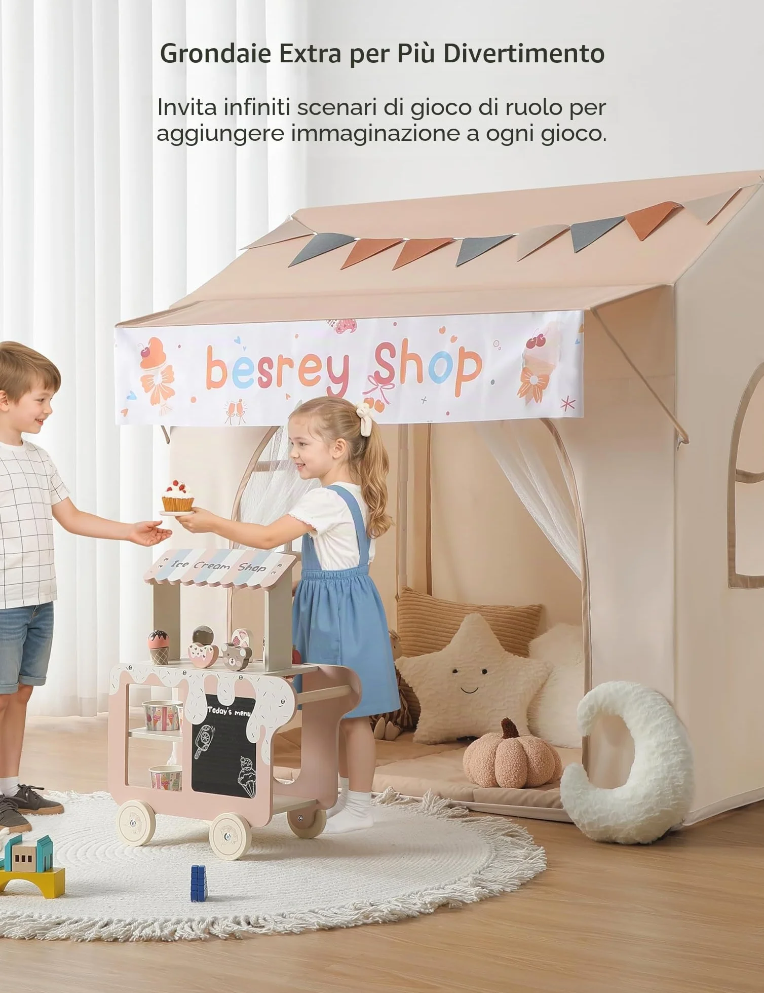 Besrey Tenda per Bambini 2-in-1, Tenda da Gioco con Tettoia per Interni ed Esterni, con Luci, Bandierine e Tappetino, Design Ampio per Lettura e Giochi Creativi - Regalo di Natale Ideale per Bambini