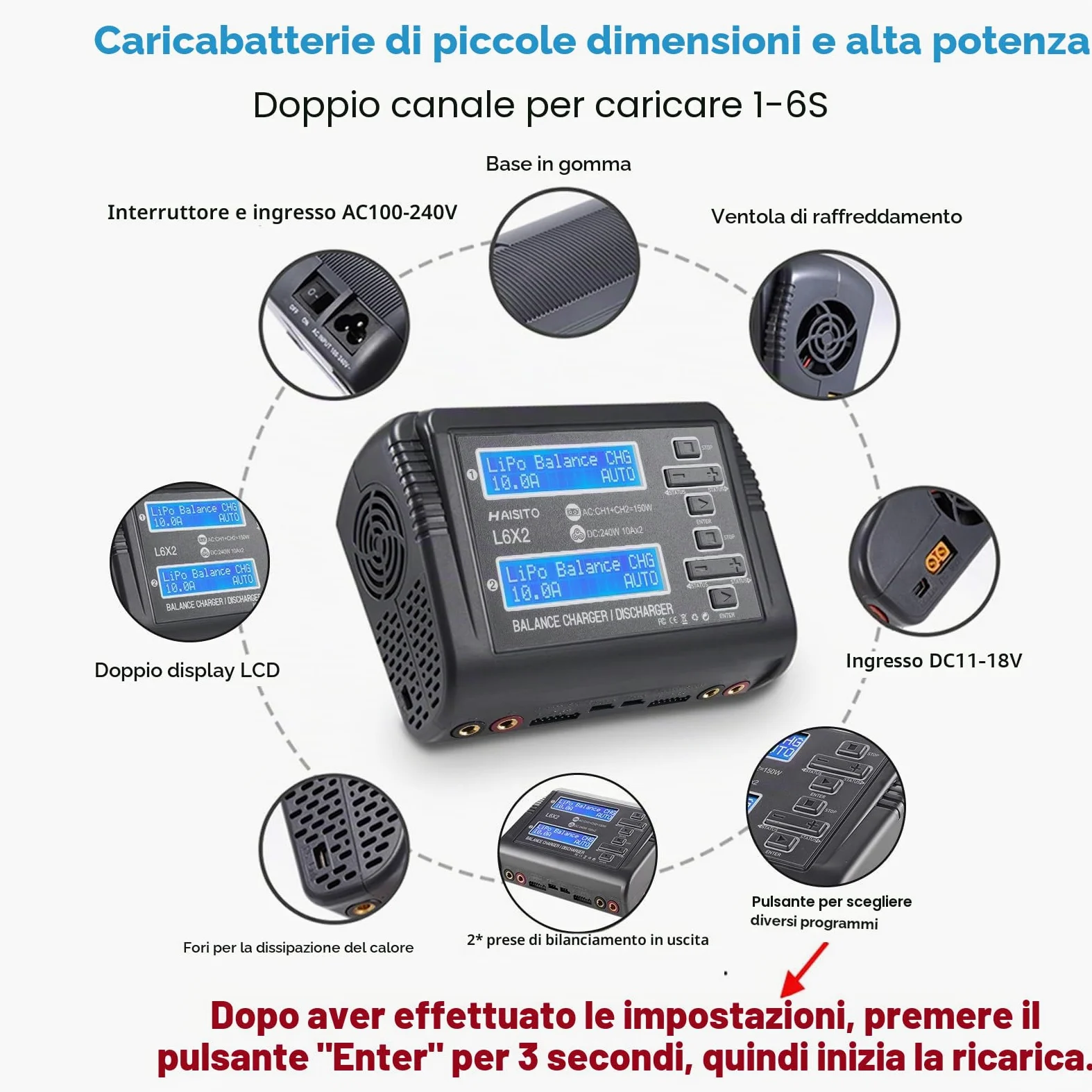Haisito L6X2 Duo RC Balance Charger/Scaricatore per Lilon LiPo Life LiHV NiCd NiMH PB Smart Batteria Dual Multicciatore AC 150W/DC 240W 10A x 2