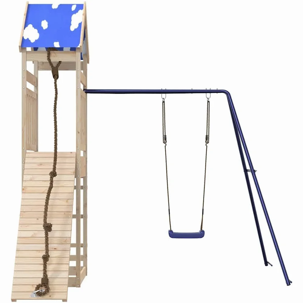 Torre da gioco in legno di pino massiccio con piattaforma da 118 cm, rampa da arrampicata, altalena e sabbiera, stabile struttura a forma di A per il giardino, con tetto a nuvola e ringhiera di