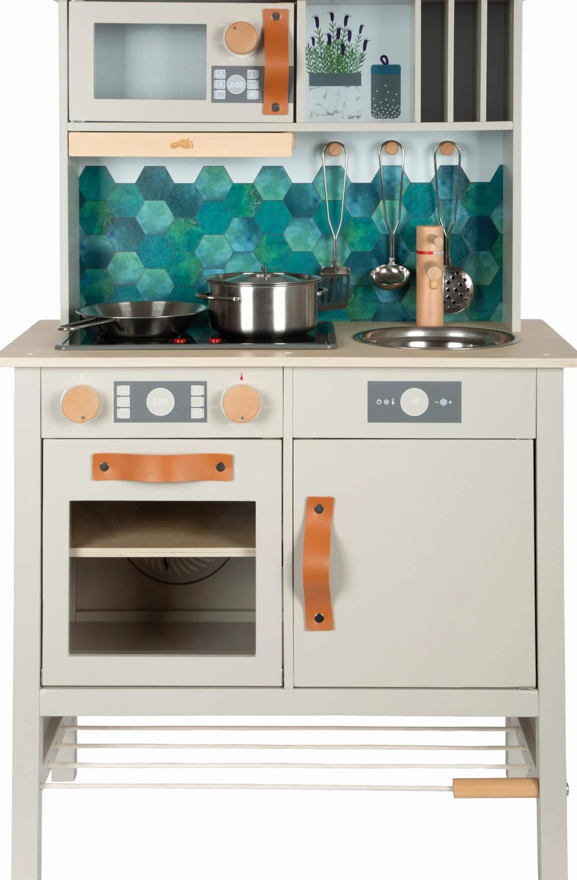 small foot Cucina Gioco Grigia Tasty in Legno, Piano Cottura con Luce/Effetti sonori, con 5 Accessori, dai 3 Anni, 12672, Colore Coloured