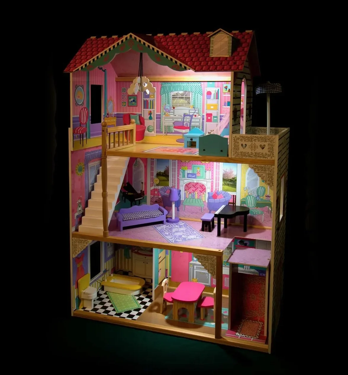 Casa delle Bambole in Legno Grande con Ascensore e Illuminazione, Villa a 3 Piani con Terrazza, Mobili e Accessori Inclusi, per Bambole fino 30 cm, Gioco di Ruolo Educativo, Regalo Bambini 3+