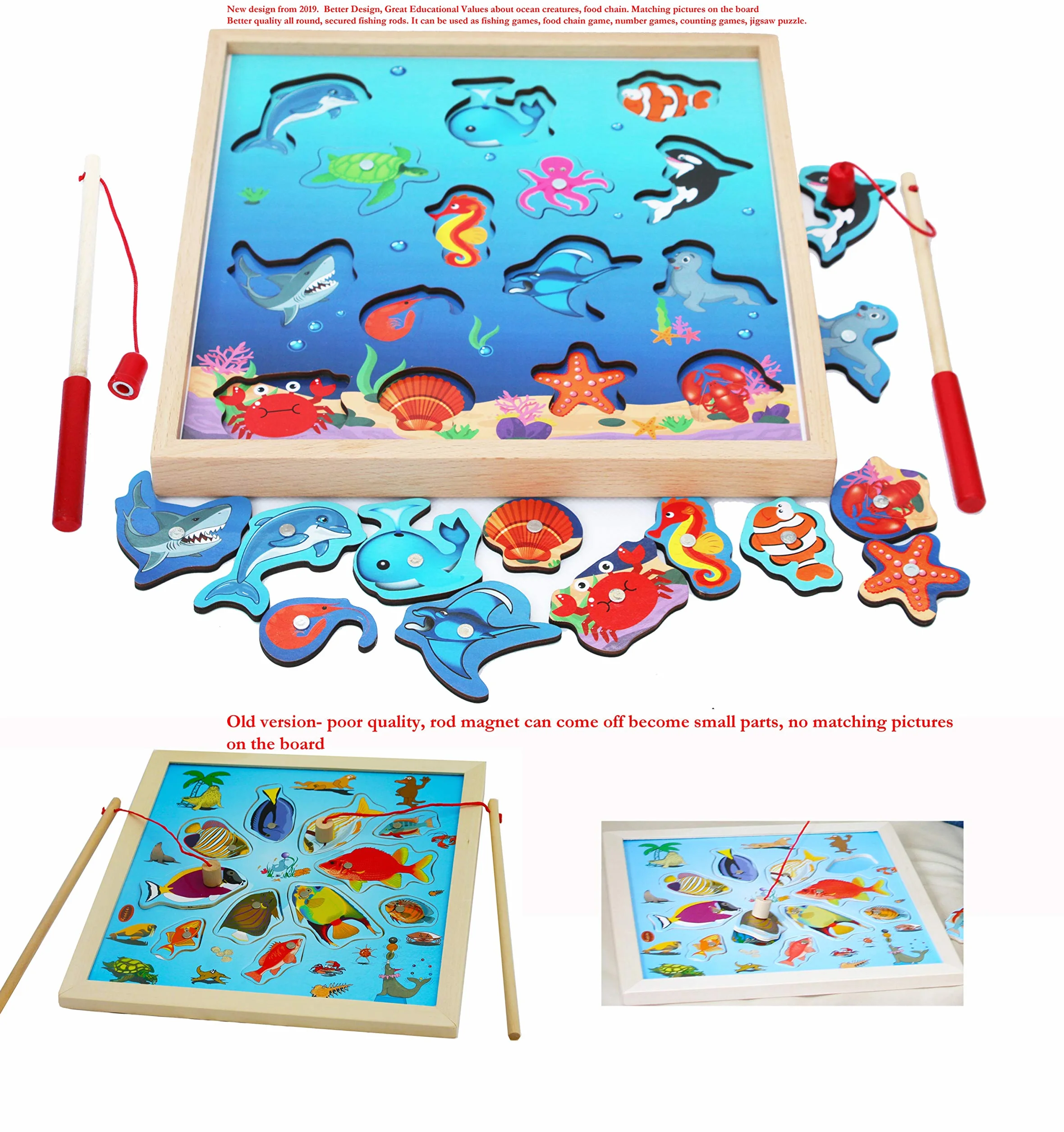 TOWO Gioco da Pesca in Legno Magnetico – include 15 Sagome in Legno con Calamita e due Canne da Pesca – Divertente Puzzle Gioco e Apprendimento Catena Alimentare – Per Bambini di 3 Anni