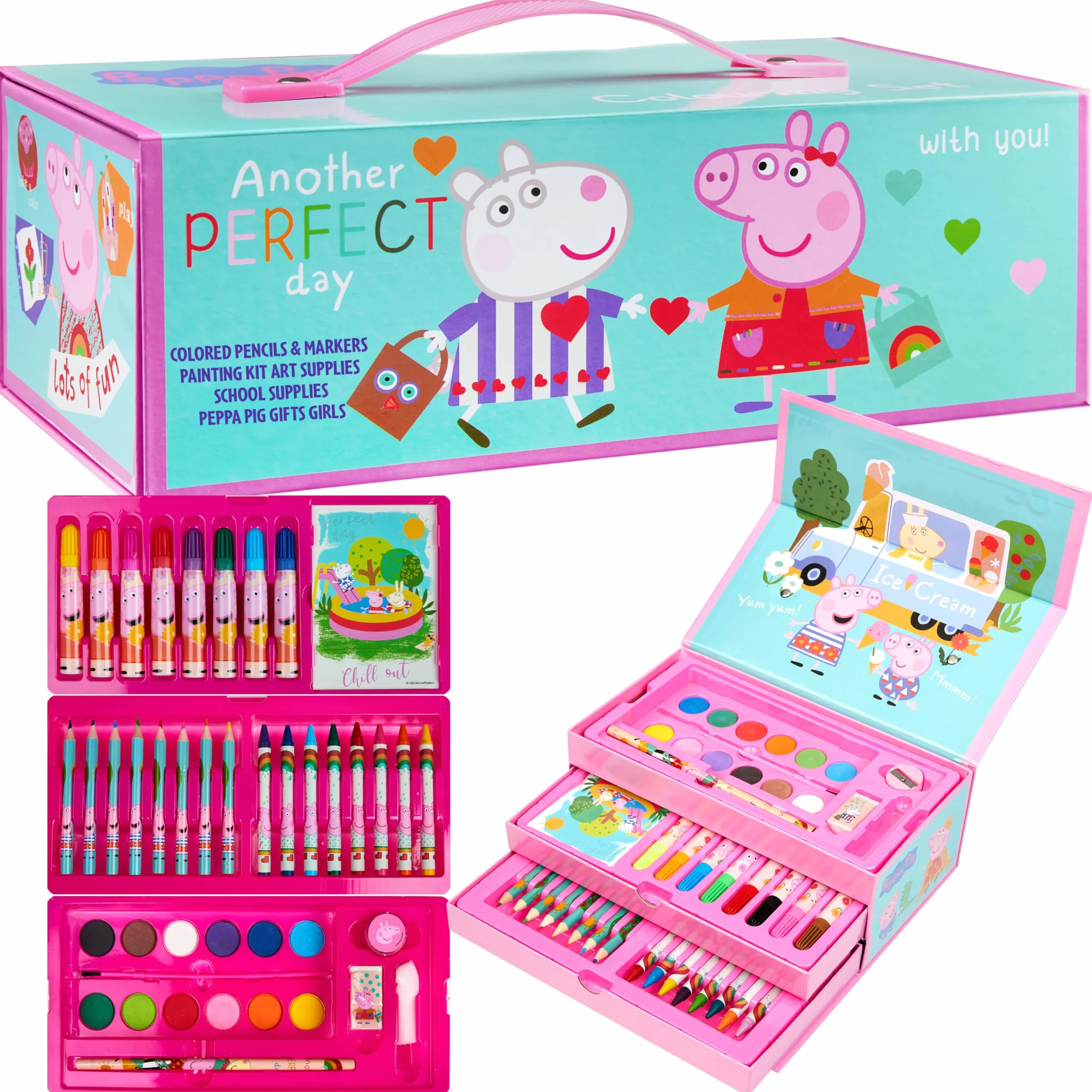 Peppa Pig Valigetta Colori Bambini, Kit Disegnare Dipingere, Set Pennarelli + Pastelli Acquerelli