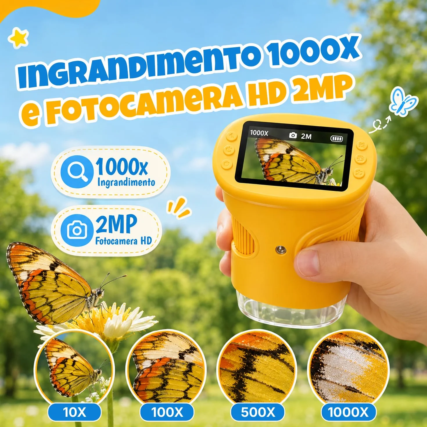 1000X Microscopio per Bambini, Microscopio Digitale Portatile HD 1080P con Display da 2,4" per Lente d'ingrandimento ed con Foto,Adatto come regalo di Natale,Compleanno o Capodannodai 3 agli 8