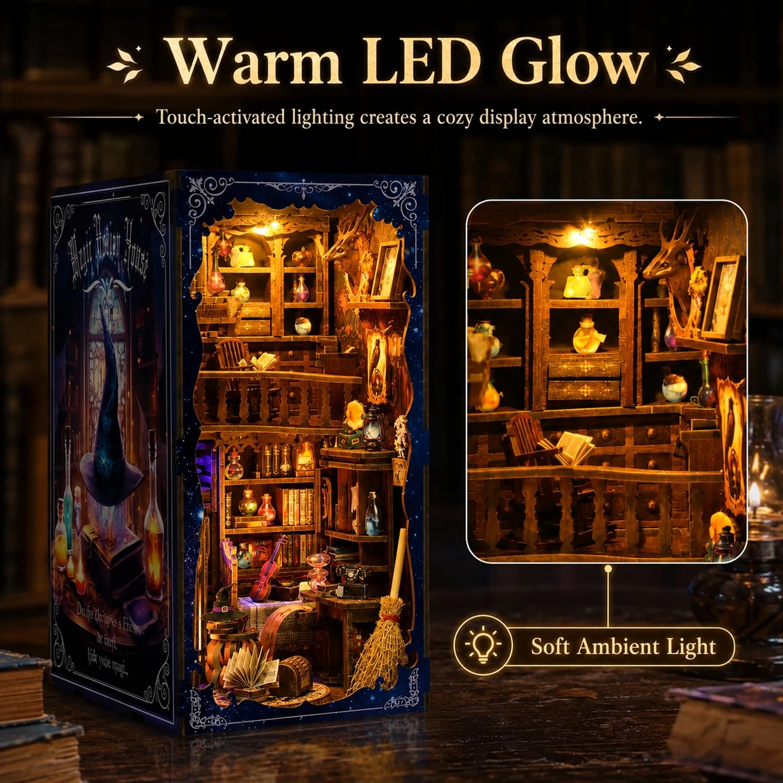 GOOGO Kit Book Nook, casa in miniatura fai da te Book Nook da 334 pezzi con luce LED, puzzle 3D in legno, fermalibri decorativo per libreria, regalo creativo per adulti (Casetta incantata)