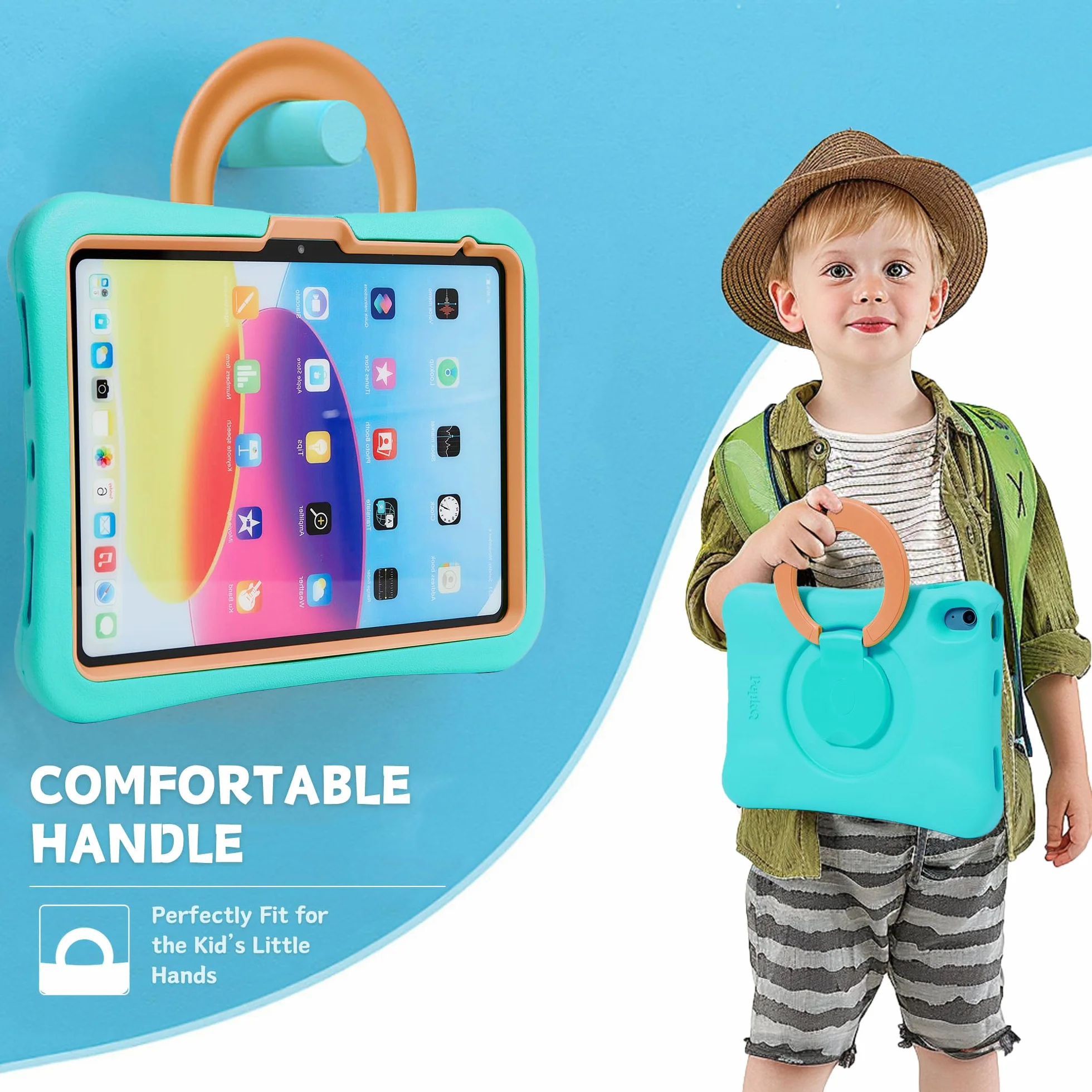 Custodia per Bambini per iPad, Cover Antiurto per iPad 10,9" 10a Generazione (2022), Custodia Protettiva Leggera per Tutto il Corpo con Maniglia/Supporto Pieghevole (Menta + Arancione)