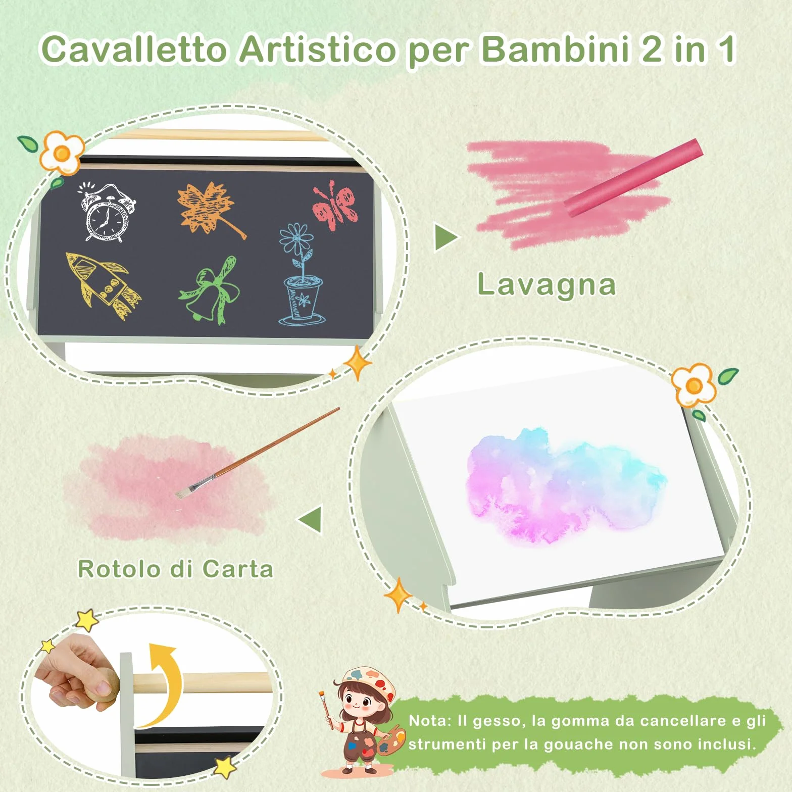 RELAX4LIFE 2 in 1 Lavagna per Bambini Bifacciale, Set di Cavalletto Artistico a Forma di Albero con Sgabello, Rotolo di Carta, Scaffale di Stoccaggio, 68 x 60 x 80 cm, per Bambini 3+ Anni
