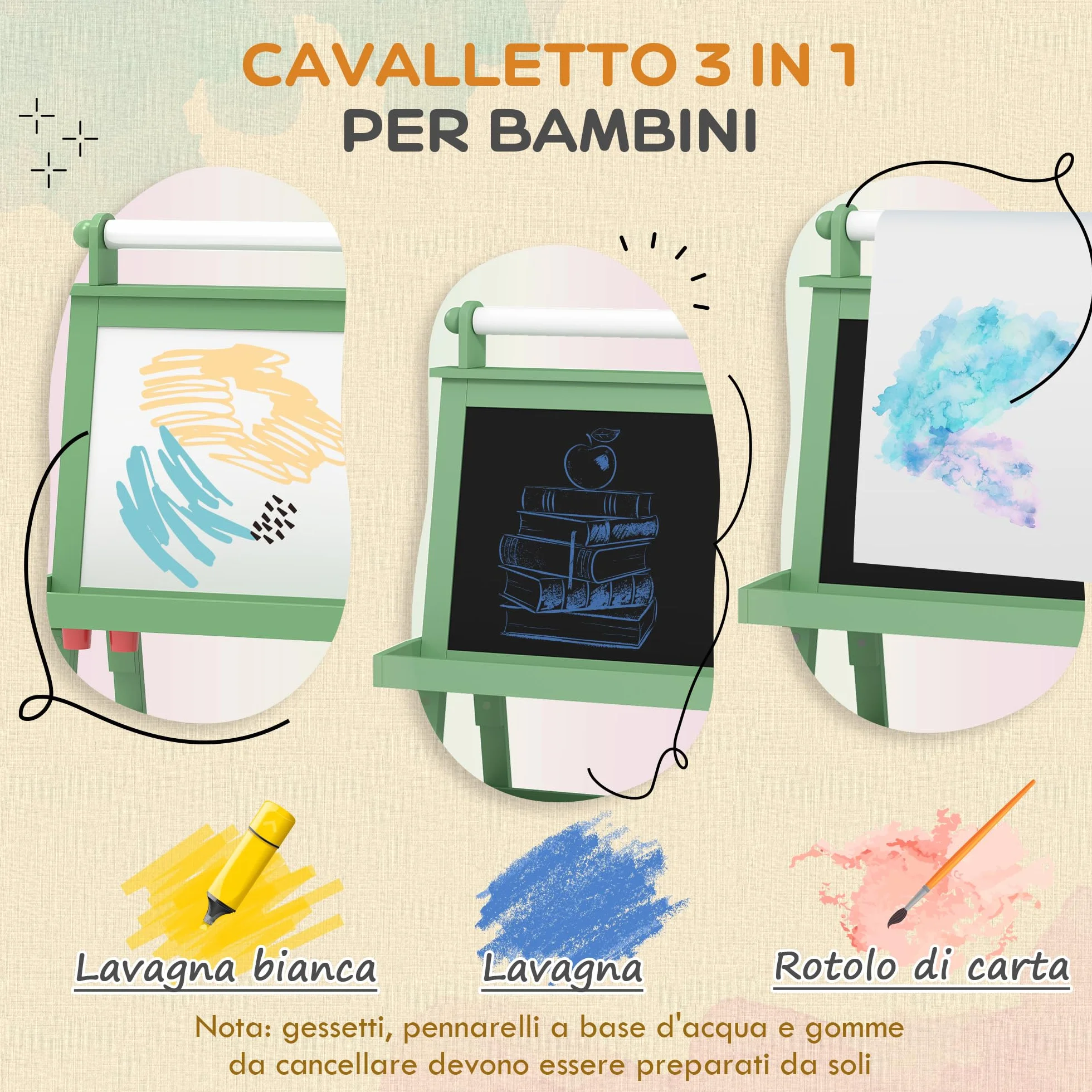 AIYAPLAY Lavagna cavalletto per bambini 3 in 1 lavagna double face bambino con pannello bianco e nero magnetico - rotolo di carta + 2 cestini portaoggetti integrati - 3-6 anni in legno verde