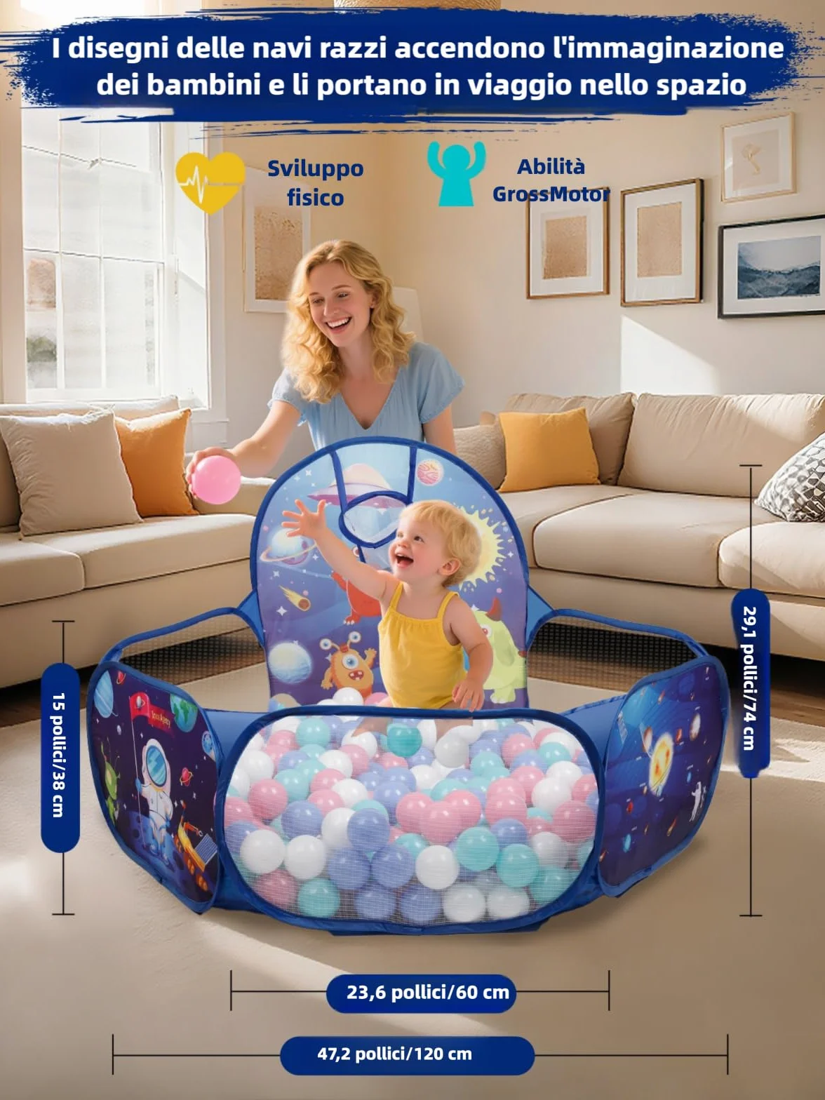ZimiTeda Vasca Palline per Bambini con Gattini e Cagnolini - con Canestro da Basket, Pieghevole, per Interni/Esterni - 120 cm (Palline Non Incluse) (Space Rocket)