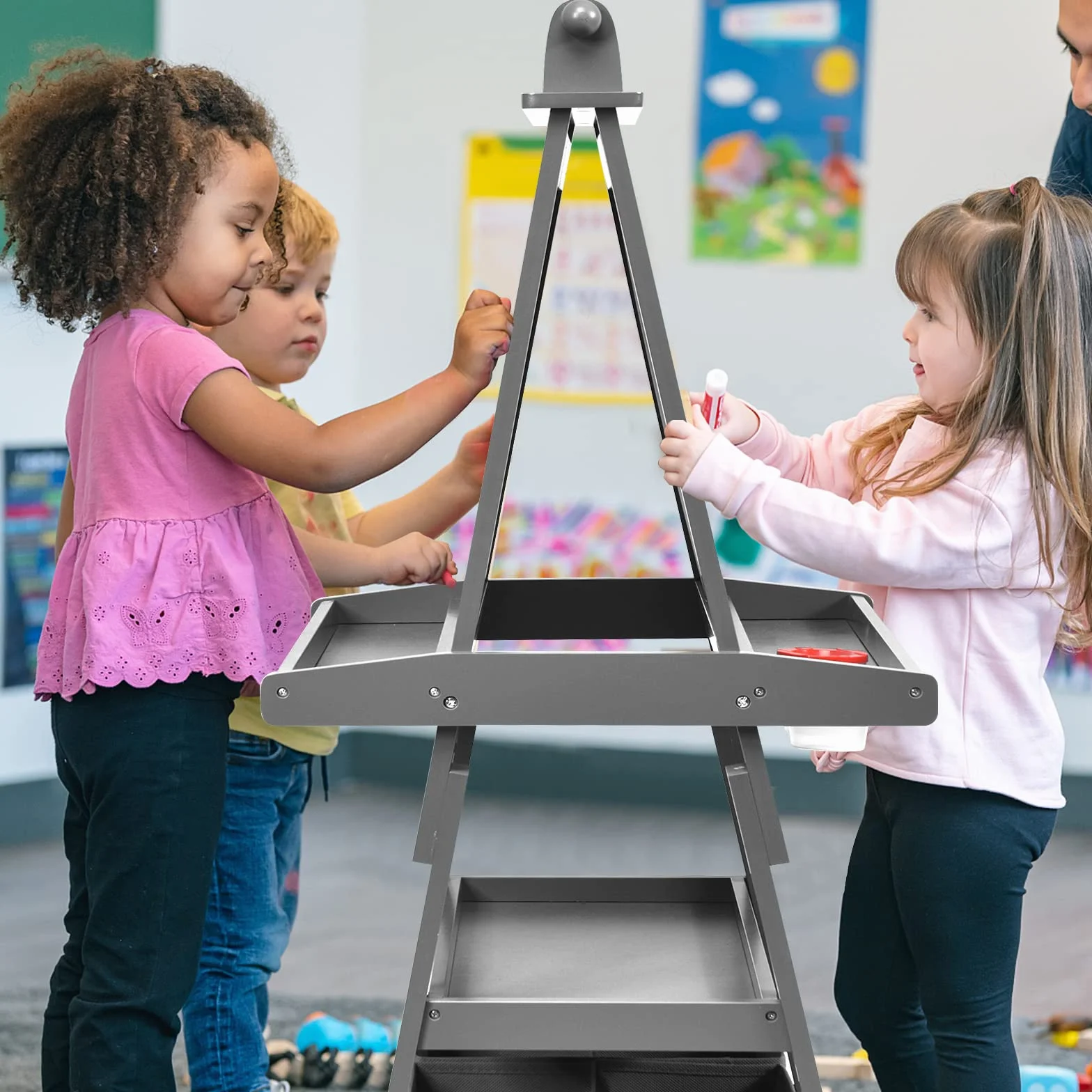 Lavagna per Bambini 3 IN 1 RELAX4LIFE, Cavalletto Pittura a Doppia Faccia Magnetica con Rotolo di Carta, Giocattolo Educativo 3+ Anni, Grigio