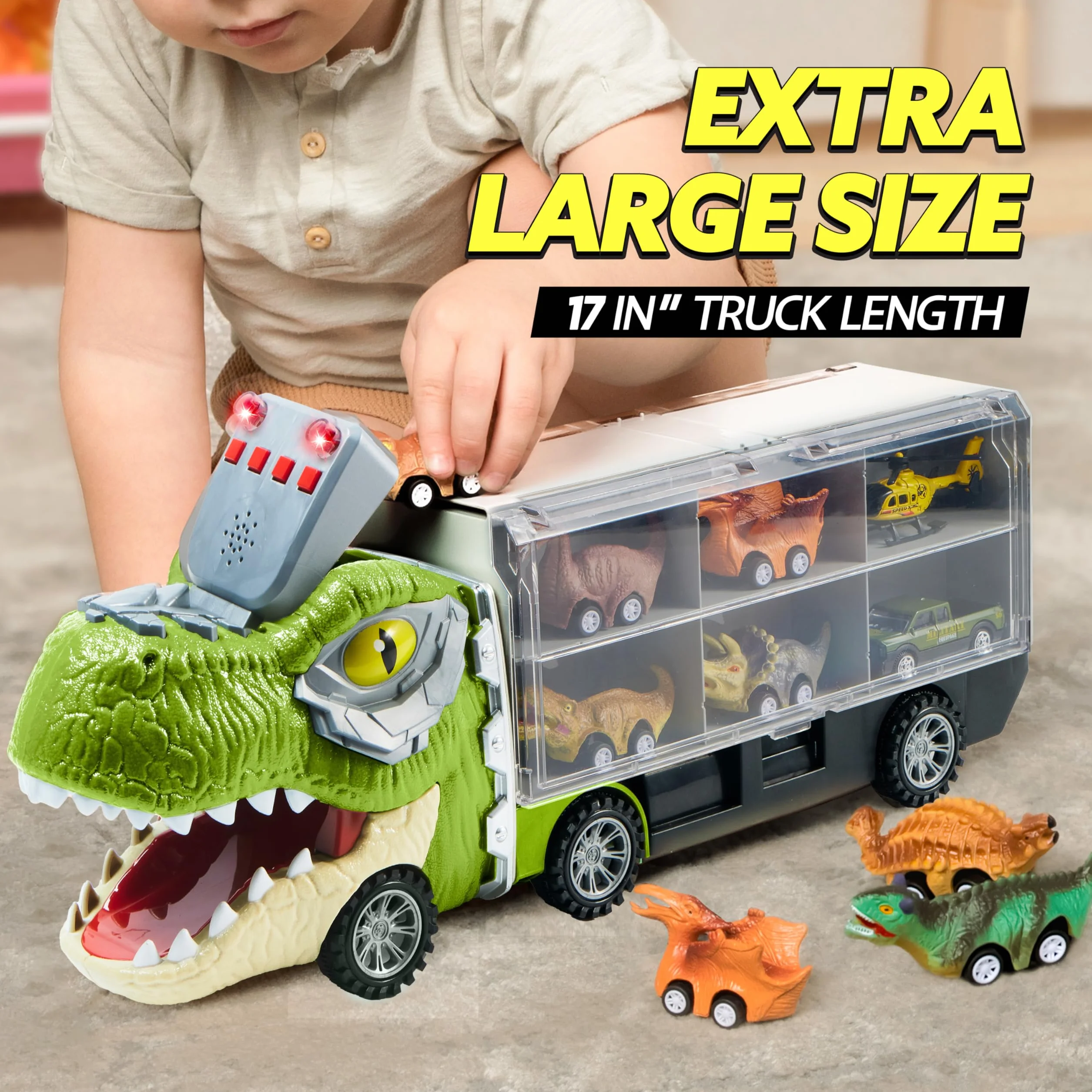 JOYIN 13 Pcs Dinosaur Toy Car Transporter for Kids, con 12 veicoli dinosauro retrattili, 1 camion trasporto dinosauri giocattolo con musica, suoni, luci, 1 elicottero