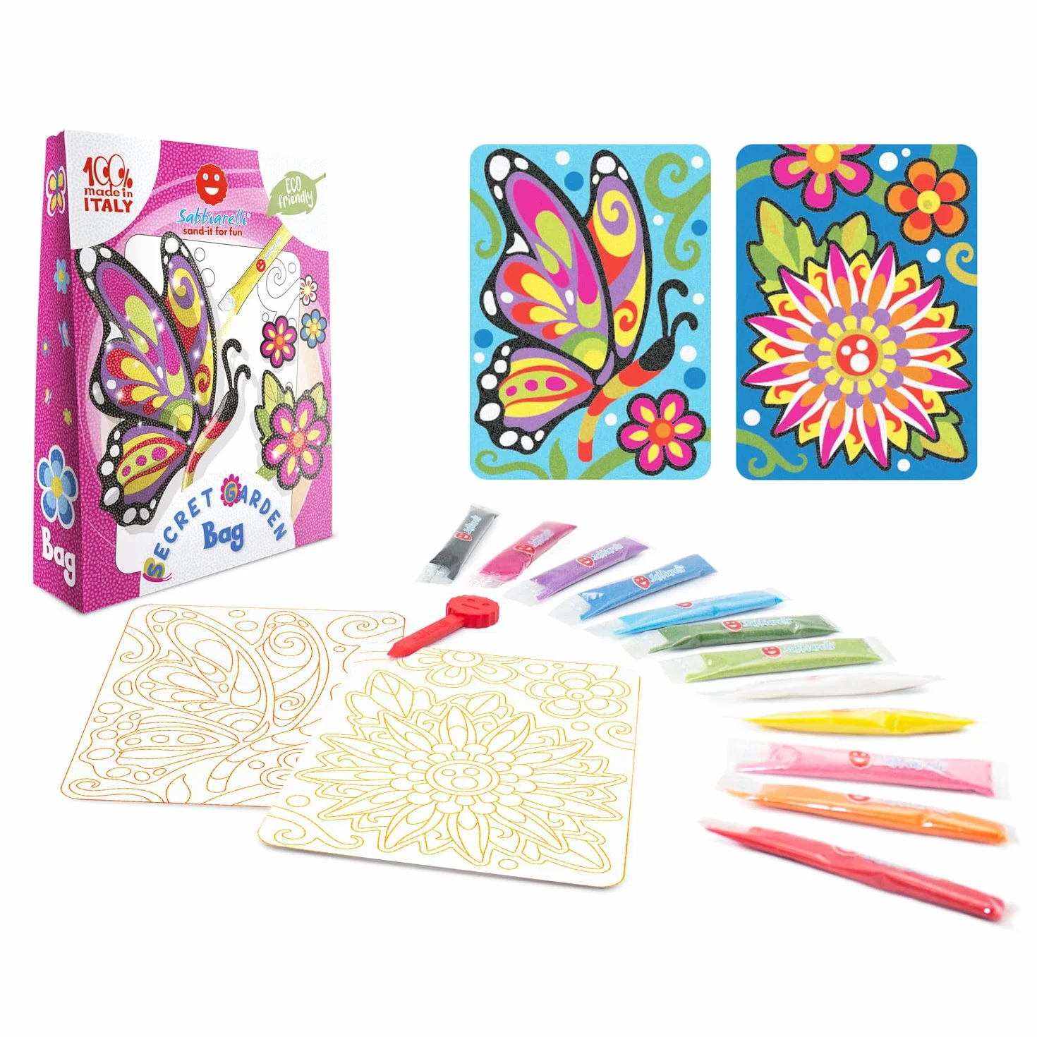 Sabbiarelli Sand-it For Fun – Bag Secret Garden | Mini Kit di Sand Art a Tema Fiore e Farfalla 100% Made in Italy con Sabbia Colorata e Disegni Adesivi | Hobby Creativi Adulti e Ragazzi 10+