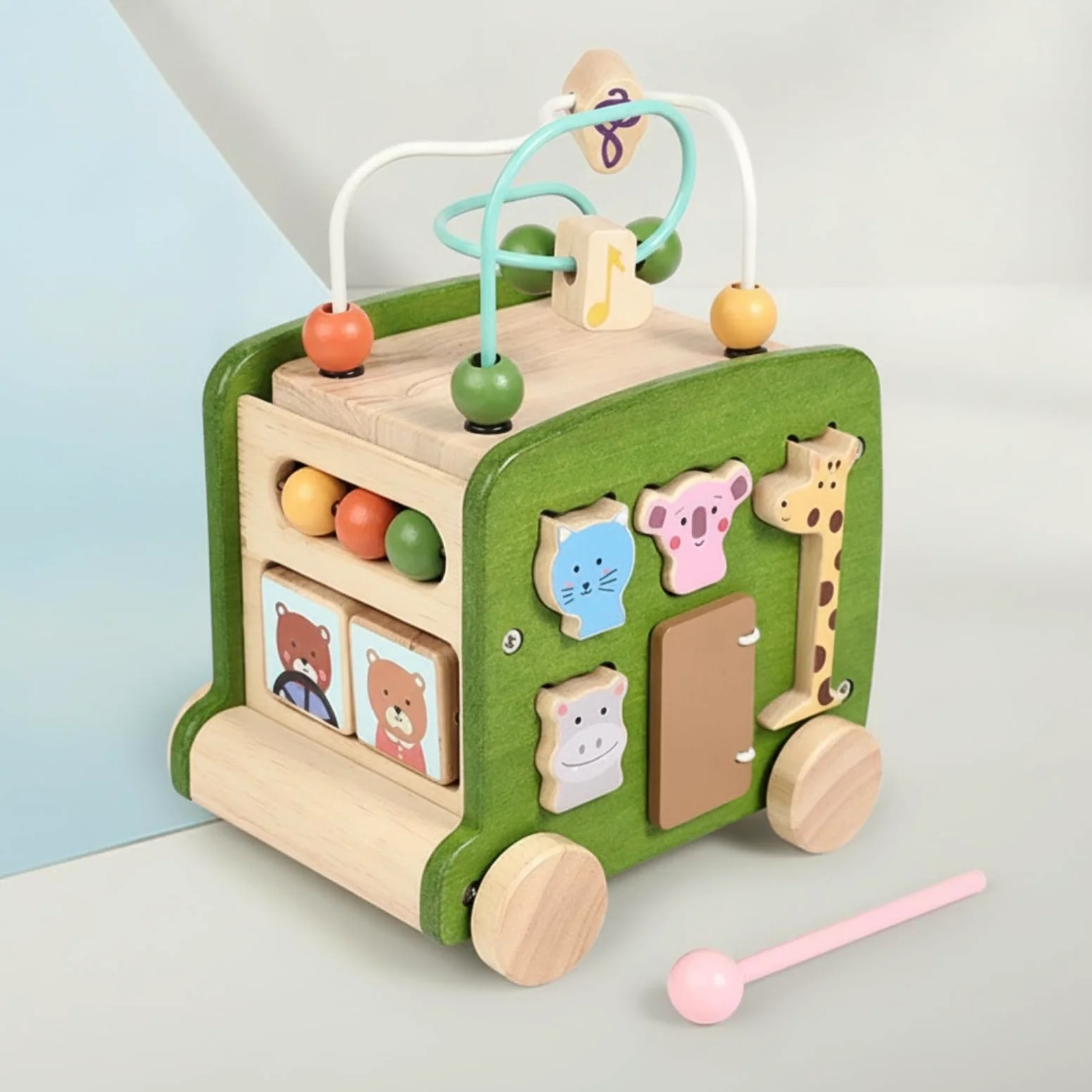 Scatola Educativo Sensoriale, Autobus Giocattolo Montessoriano Verde | Multiattività, Scatola Montessoriana con percorso di perline, Motricità Fine, per Cameretta, Asilo Nido, Neonati