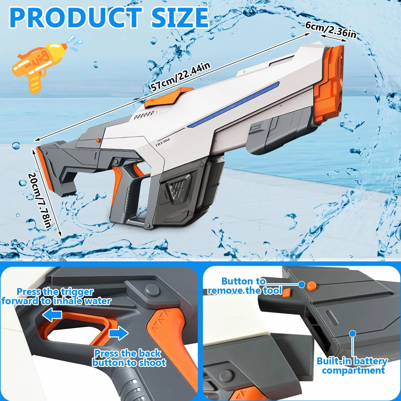 Pistola ad Acqua Elettrica, Fucile ad Acqua Elettrico Potente per bambini adulti, con Assorbimento Automatico, Capacità 610 ml, Pistola Acqua per piscina, feste, spiaggia all'aperto