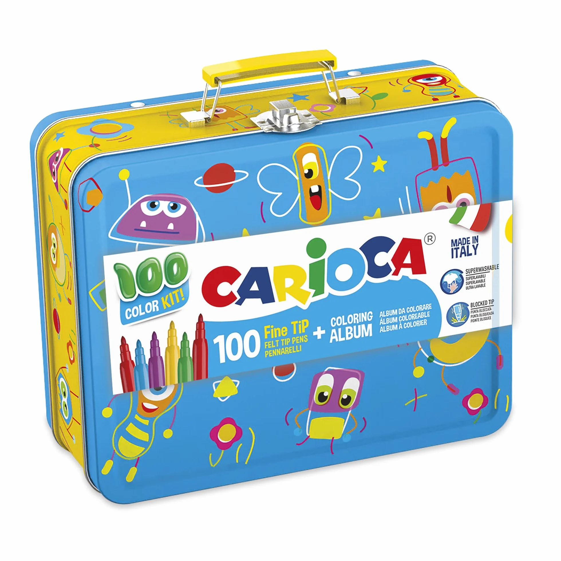 CARIOCA Set Creativo 100 Pennarelli Punta Fine Lavabili Album da Colorare A4 Astuccio Metallo Blu