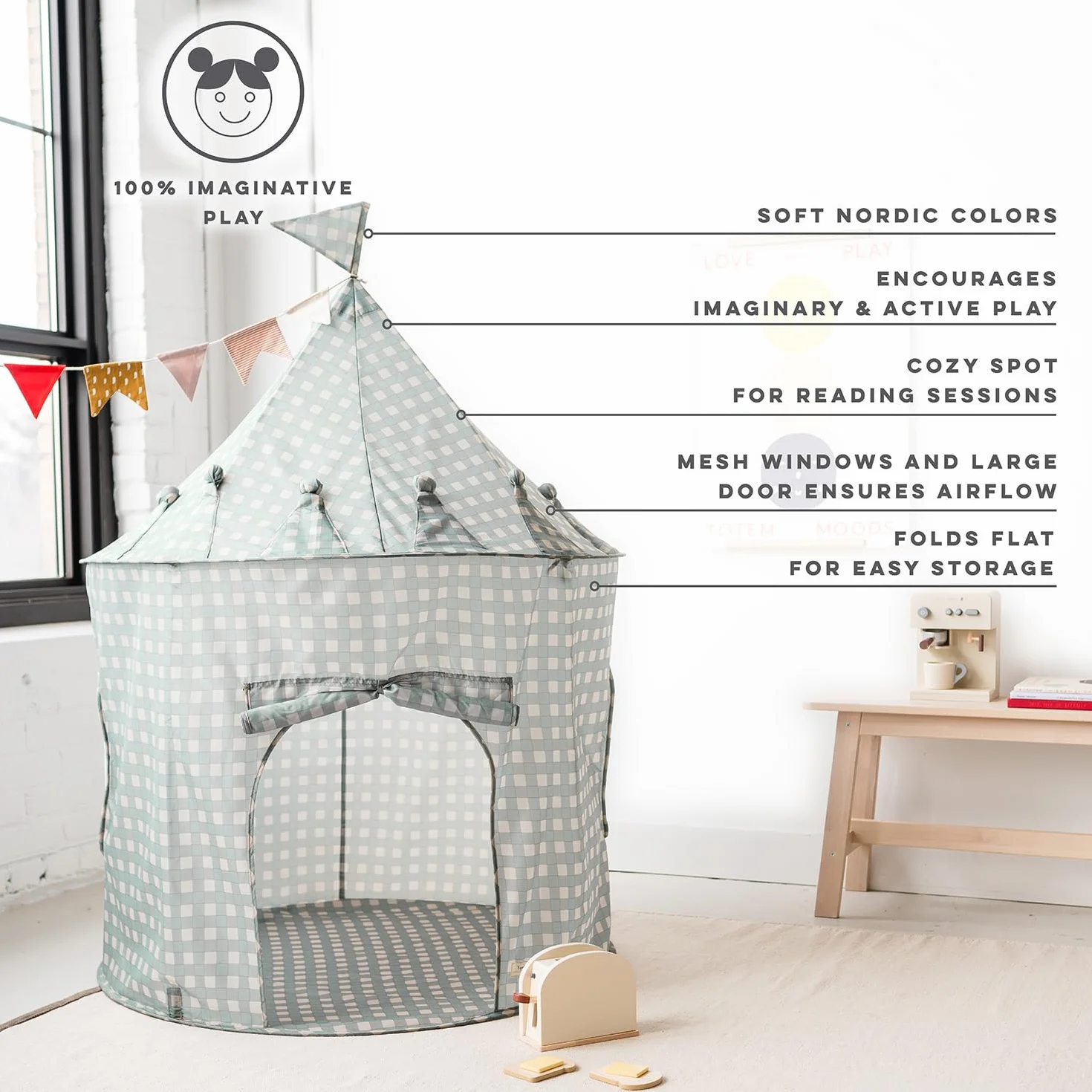3 Sprouts, Tenda da Gioco per Bambini, Realizzata in Poliestere Riciclato, Ideale per Giocare in Cameretta e in Sala Giochi, Colore Gingham Blu, 100x100x135 cm