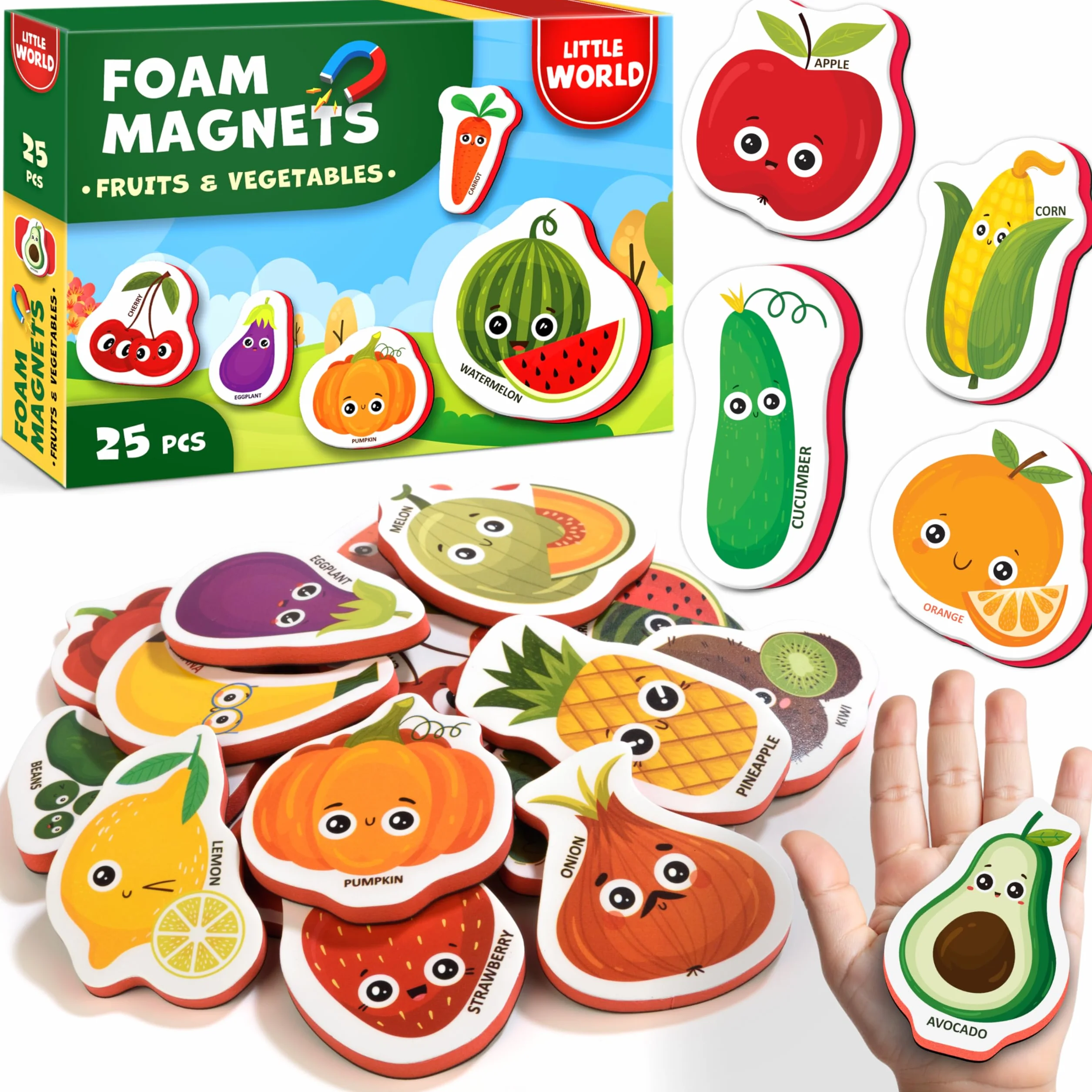Magneti da frigo per bambini Little World 25 sztuk, frutta e verdura, atossici, impermeabili, in schiuma