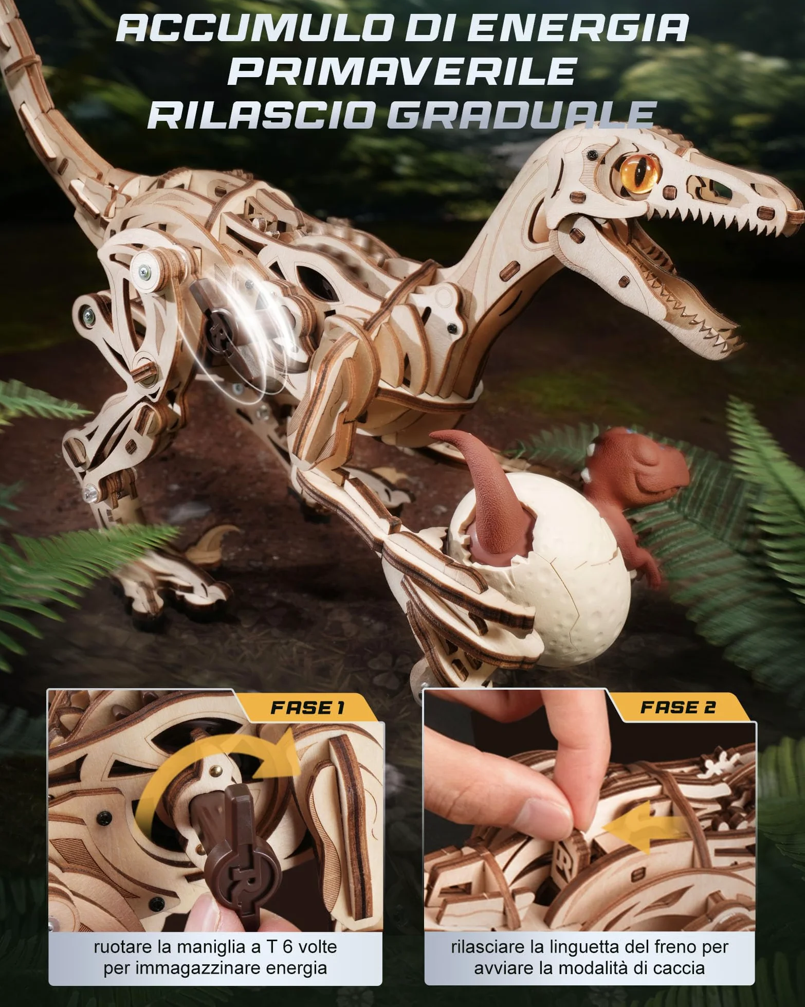 ROKR Puzzle 3D Legno Giocattoli a forma di dinosauro, Modellismo da Costruire Adulti Velociraptor, Puzzle 3D a Forma di Animale che Cammina, Regalo per Bambini e Adulti, Velociraptor, LD01