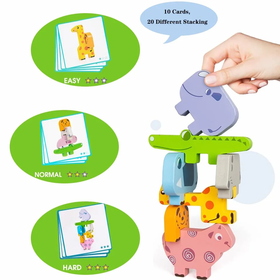 Giochi Legno Bambini, Montessori Impilabili Animali Blocchi Costruzione, Bambino Educativi Gioco Equilibrio Giocattolo in Legno Regalo per Bimbo Ragazzi Ragazze 2 3 4 Anni