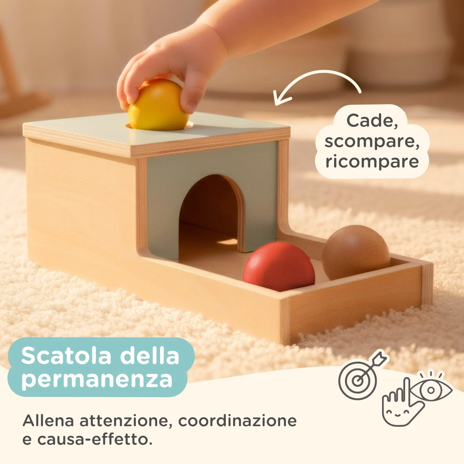 Nene Toys Giocattoli Montessori per Bebè 6–12 Mesi – Giochi Educativi Sensoriali in Legno – Scatola della Permanenza, Torre da Impilare, Libro in Stoffa, Massaggiagengive, Sonaglio & Blocchi Morbidi