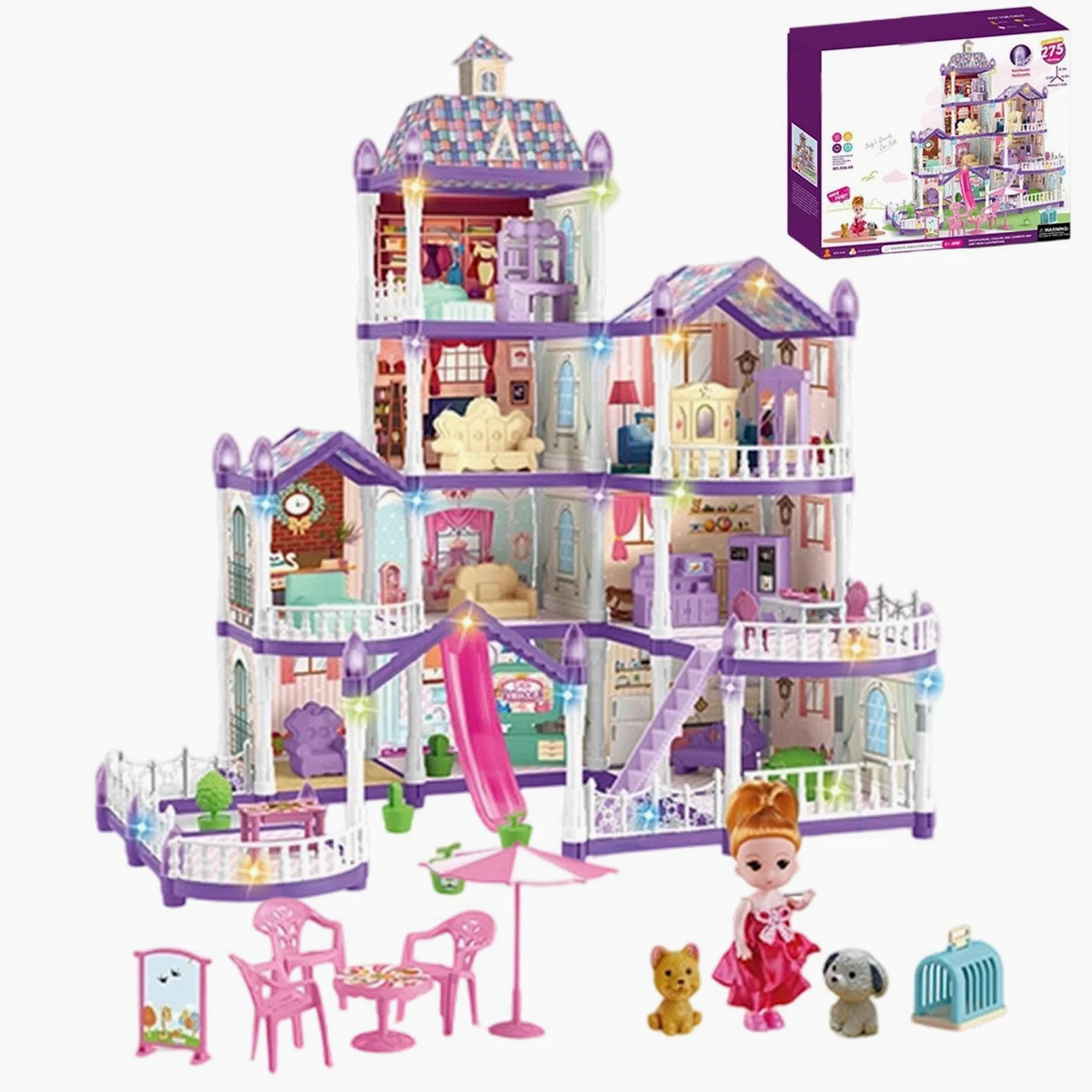 Casa delle Bambole 4 Piani 13 Stanze Villa Miniatura da Montare | Villa con 3 Principesse, 2 Cuccioli e Arredamento Per Bambini 4-6 di Ruolo Regalo Natale