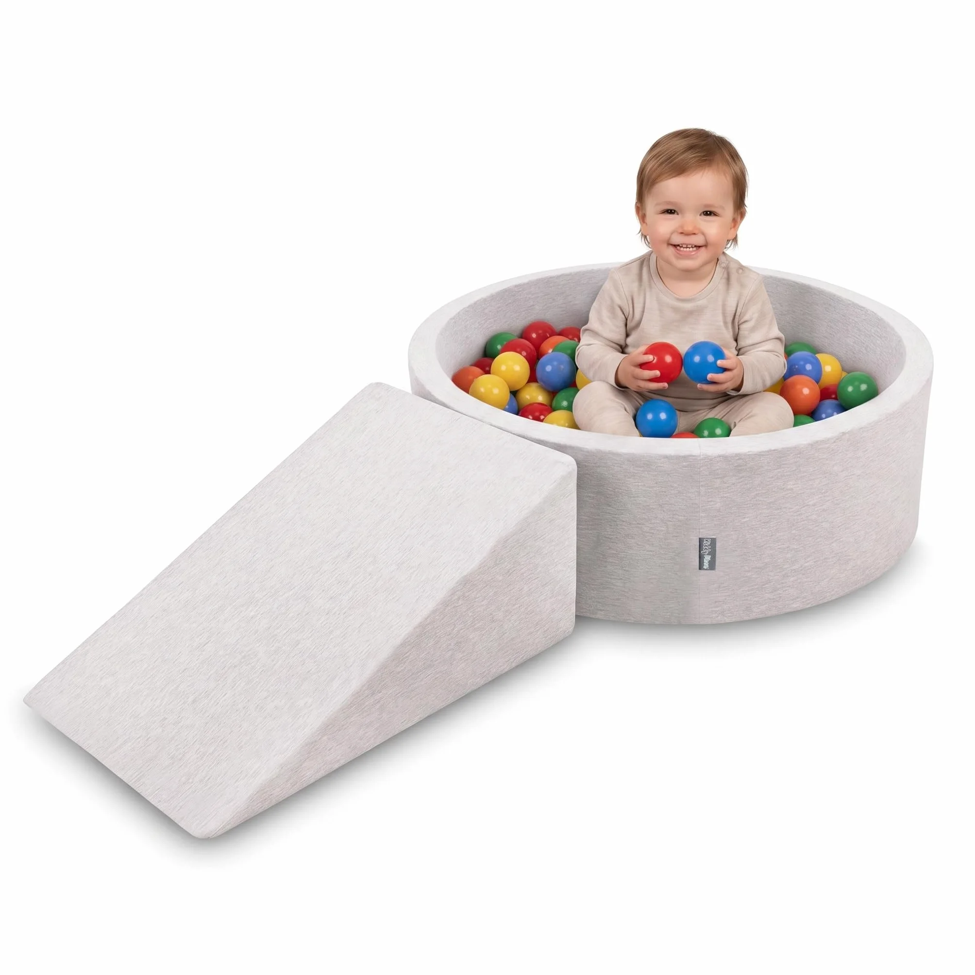KiddyMoon Area Giochi in Schiuma con Piscina di Palline 90x30cm e Rampa 100 Palline 7cm per Neonati e Bambini - Grigio Chiaro: Giallo Verde Blu Rosso Arancione