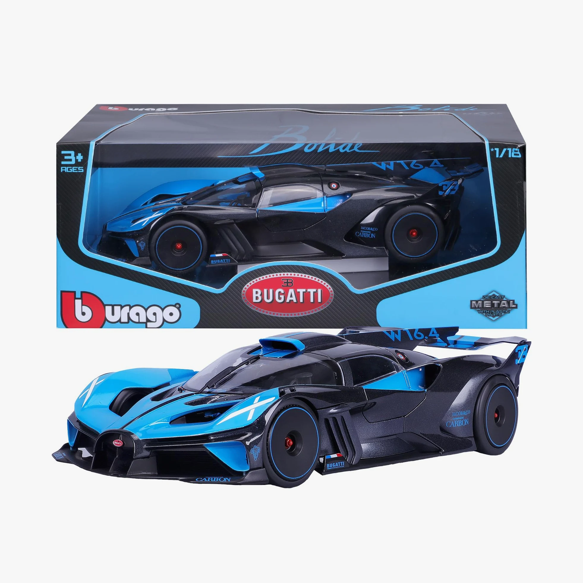 Bburago - Bugatti Bolide Blu, Auto in Diecast in Scala 1:18, Replica Dettagliata con Porte Apribili, Licenza Ufficiale Bugatti, Non Adatto a Bambini Sotto i 36 Mesi