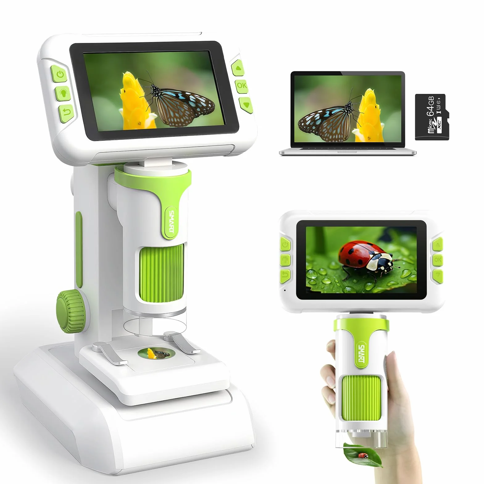 Charmofun Microscopio Bambini, Microscopio Digitale con Scheda di Memoria da 64GB, Microscopios Portatile Bambini con Schermo LCD 4", Ingrandimento 1600X, Foto e Video, Funzione Portatile e Fissa