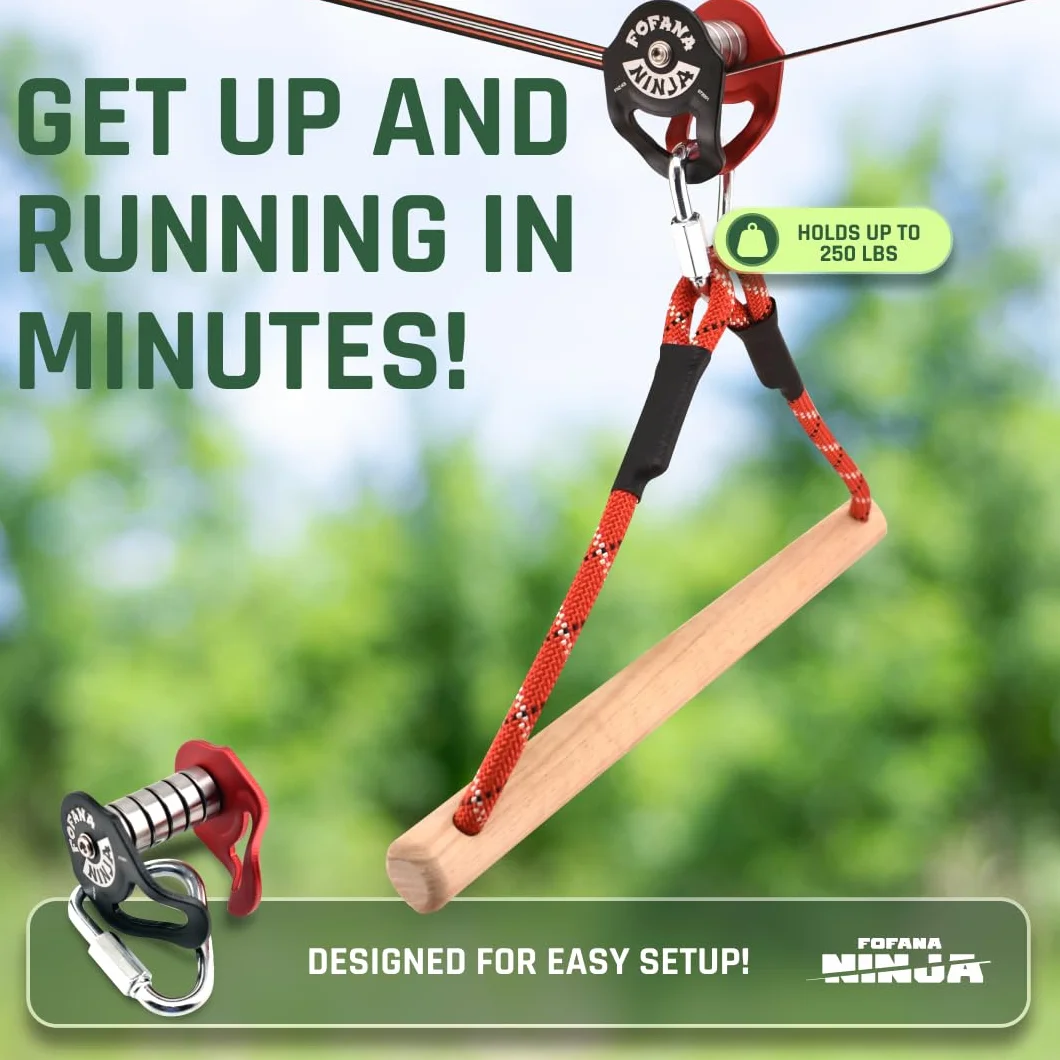 Fofana Puleggia zipline per bambini Ninja Slider Slackline - Cursore per puleggia rossa in acciaio inossidabile - trasforma la slackline in una cerniera e un percorso ad ostacoli - Impostazione rapida