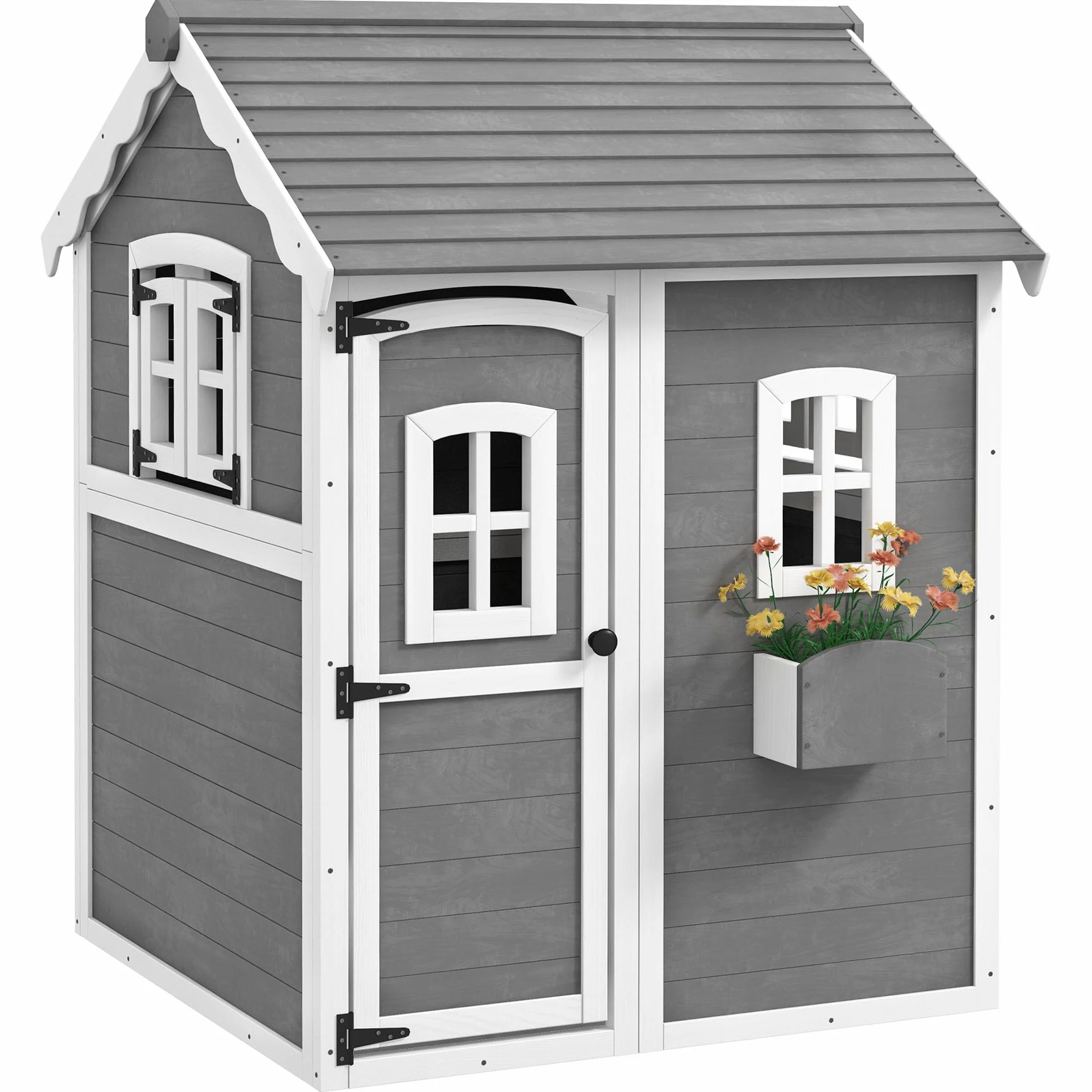 Outsunny Casetta per Bambini 3-8 Anni con 6 Finestre e Fioriera, Casetta da Gioco in Legno di Abete, 104.5x110x137 cm, Grigia