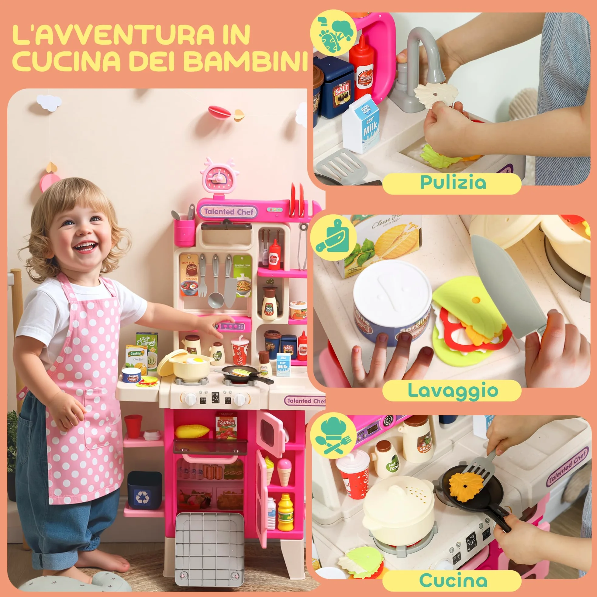 AIYAPLAY Cucina Giocattolo con 104 Accessori 3-6 Anni 52.5x22x100 cm Rosa | Suoni Realistici, Gioco per Bambini, in PP, PE e ABS