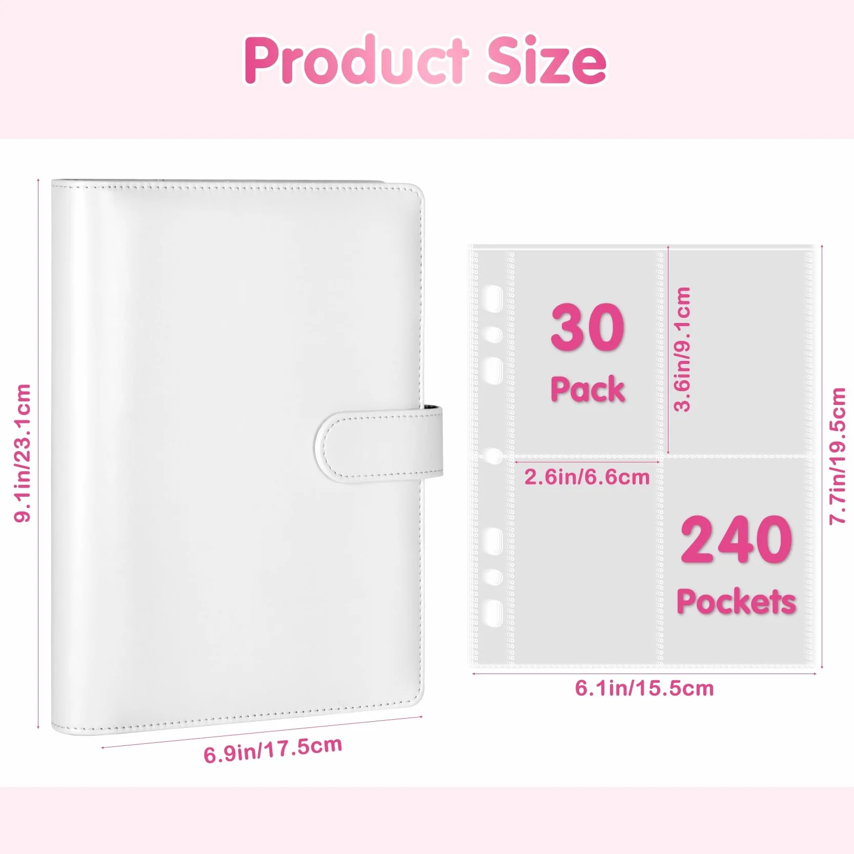 Raccoglitore di Carte A5 con 30 Pacchetti di Pagine di Carte a 4 Taschee, Album Raccoglitore a 6 Anelli con 240 Slot per Carte (Bianco)