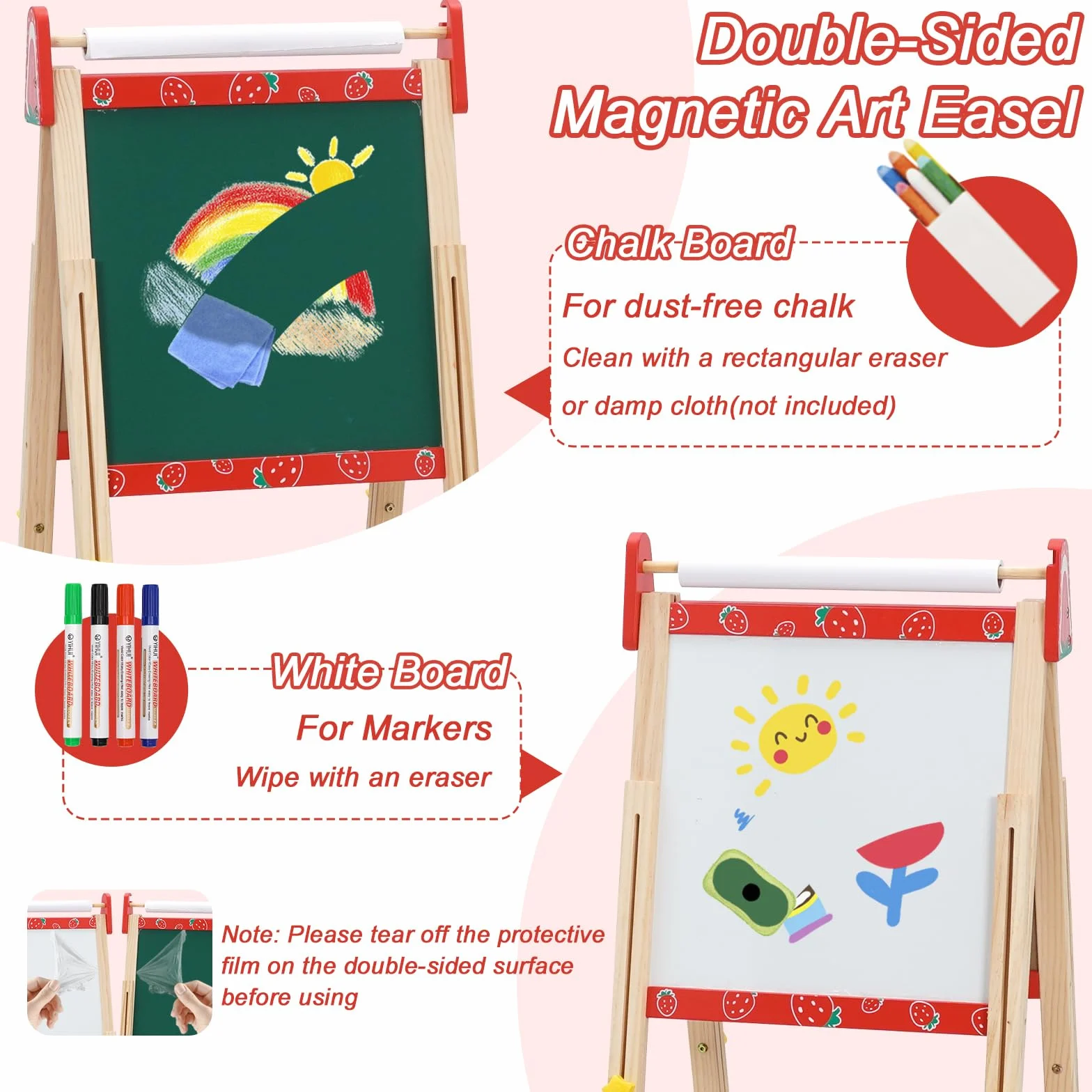 Lavagna per Bambini Cavalletto 3 in 1 Doppia Faccia con Rotolo di Carta Altezza Regolabile 95-125cm Pieghevole Multiattività Vassoio di Stoccaggio 100+ Accessori da Disegno