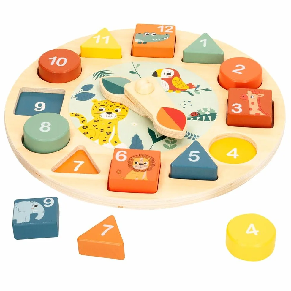 WOOMAX - Orologio in Legno Giocattolo, Zookabee, Diametro 22 cm, Animali Selvatici, Orologi educativi, Incassabili, Design Giungla, Gioco educativo, Giocattoli Bambini 3 Anni, Orologi educativi, FSC