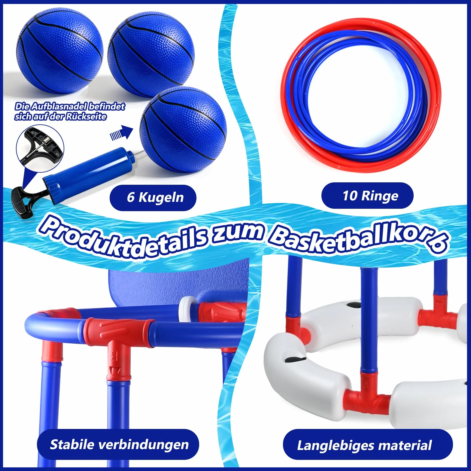 Joellfuner Canestro da Basket per Piscina, Canestro Piscina Galleggiante, Set da Canestro Basket Piscina, con 6 Palloni e Pompa, Gioco Acqua Cerchi da Lancio, Giochi Piscina per Bambini Adulti (Blu)