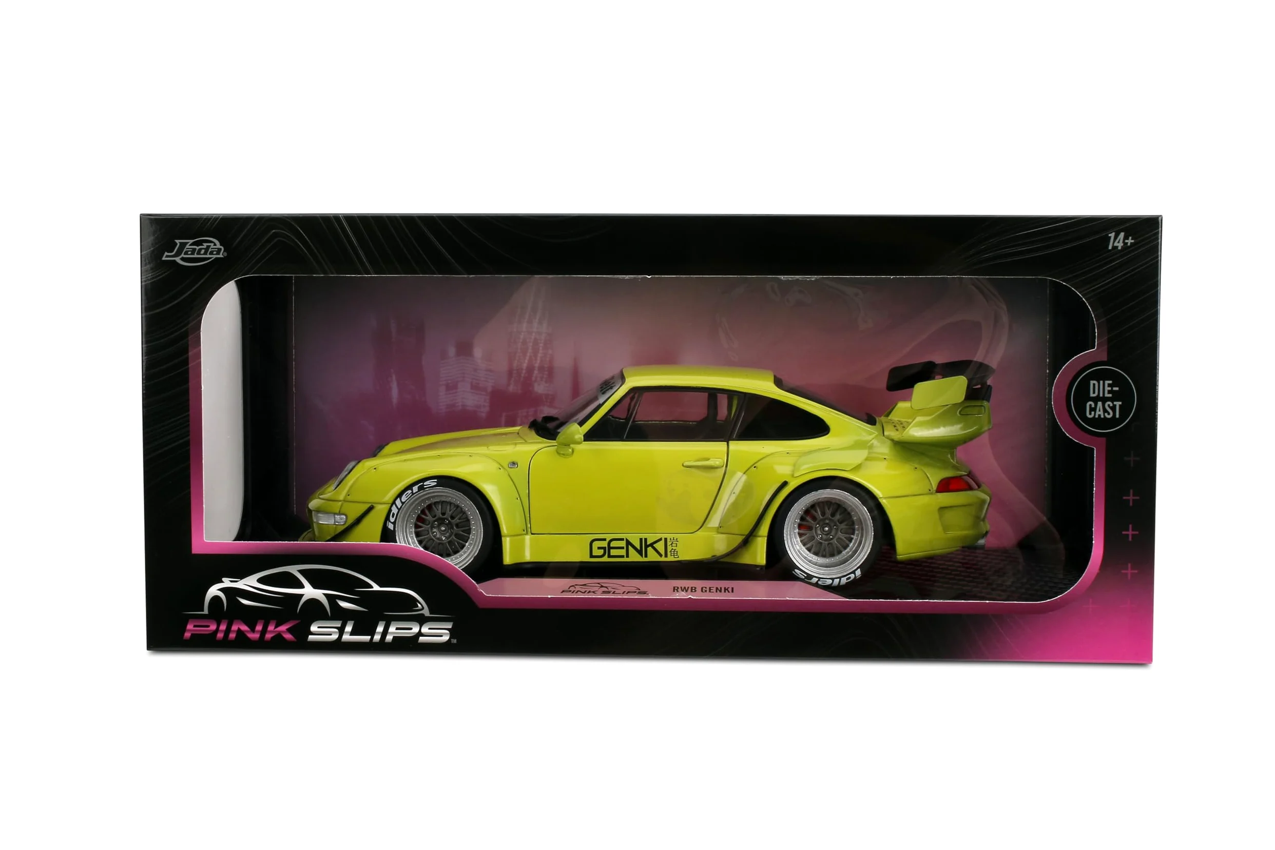 Modellino auto pressofuso in scala 1:18 compatibile con Porsche RWB Genki Yellow Jada Pink Slips 36472