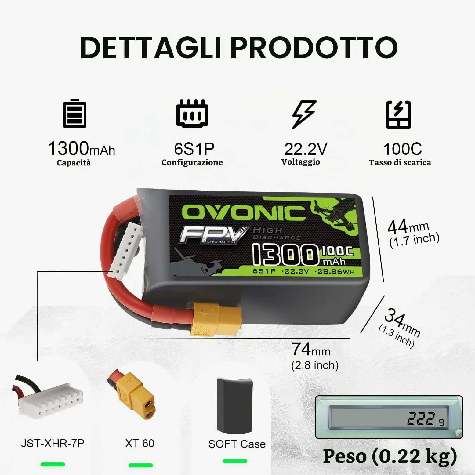 OVONIC Batteria Lipo 6s 1300mAh FPV Batteria 100C 22,2V con connettore XT60 per FPV Racing RC Quadcopter Elicottero Aereo Multi-Motore Hobby fai da te (2 confezioni)