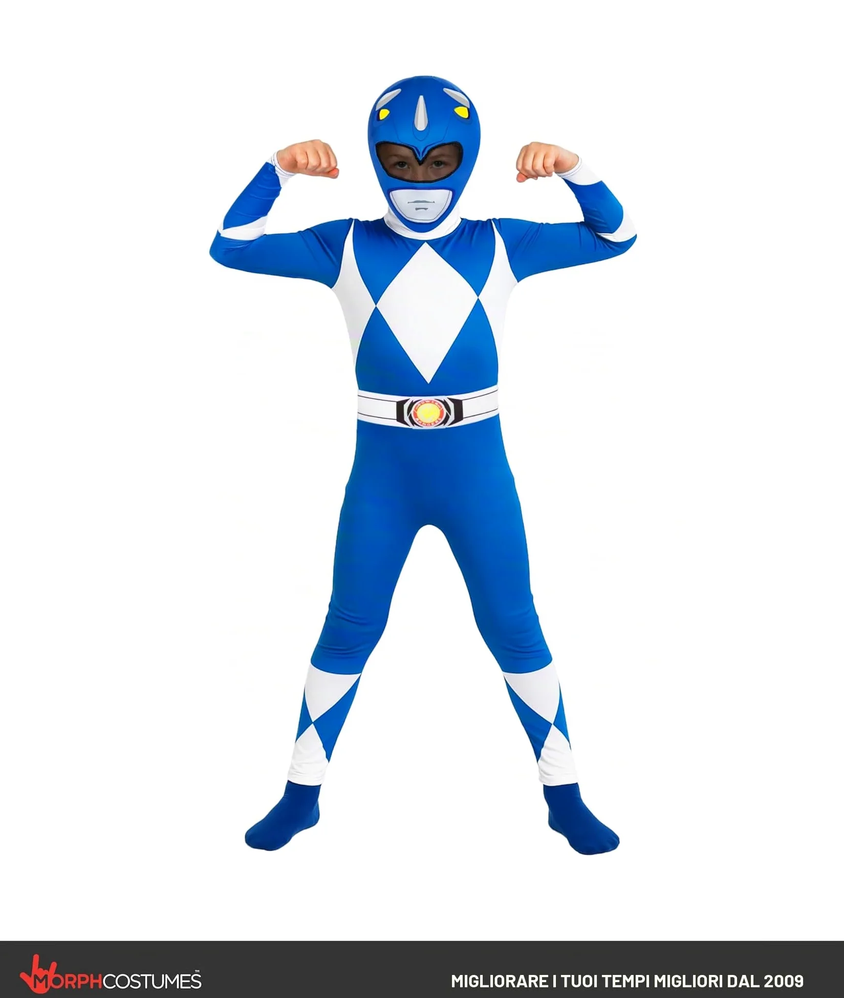 Morphsuits Costume Power Rangers Blu Bambini, Costume Halloween Bambini | Tuta Integrale con Cappuccio, Design Ranger Blu, Chiusura con Zip, Perfetto per Halloween, Ideale per il Cosplay