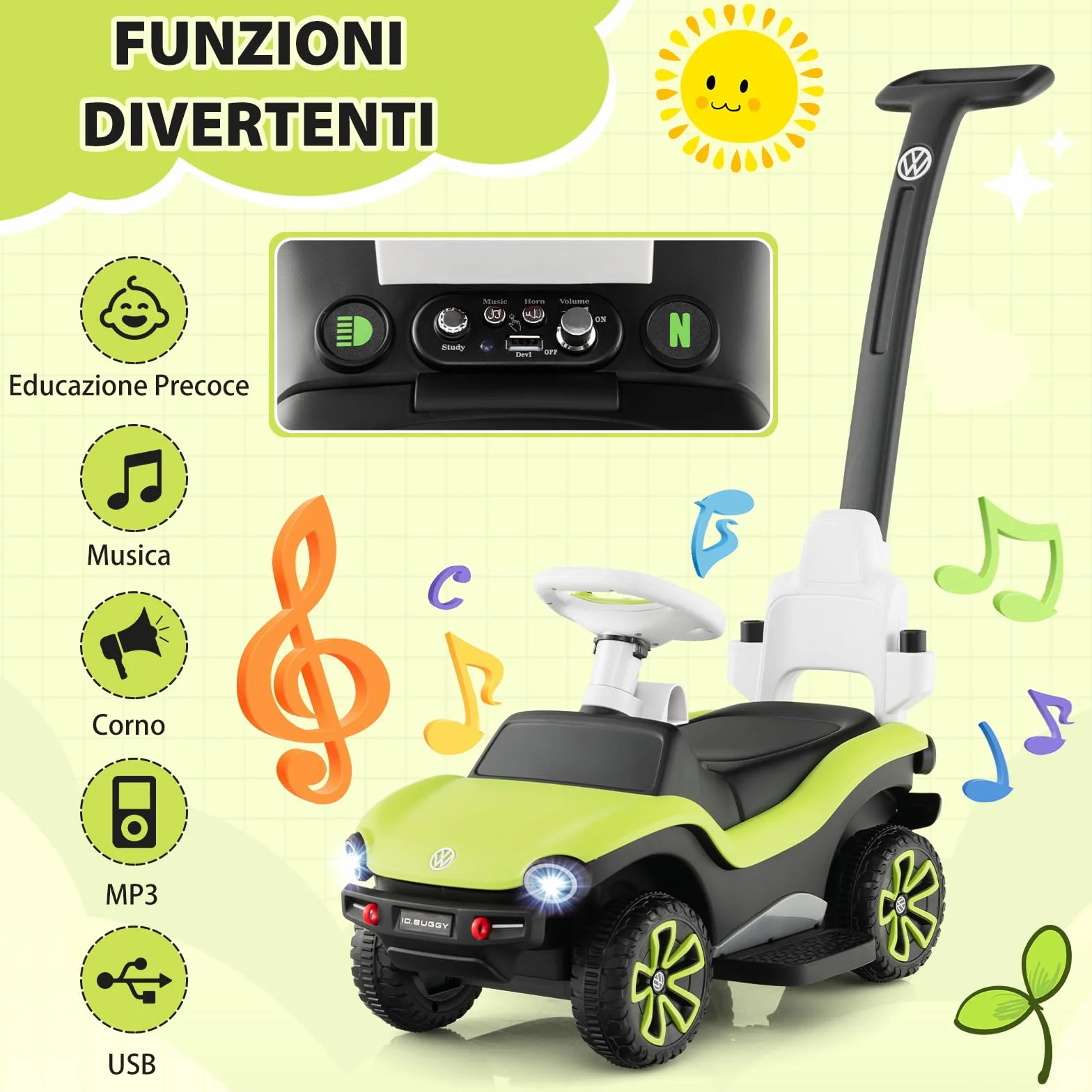 COSTWAY Volkswagen 3 in 1 Macchina Cavalcabile a Spinta per Bambini con Maniglione Regolabile Parasole e Musica 1-3 Anni